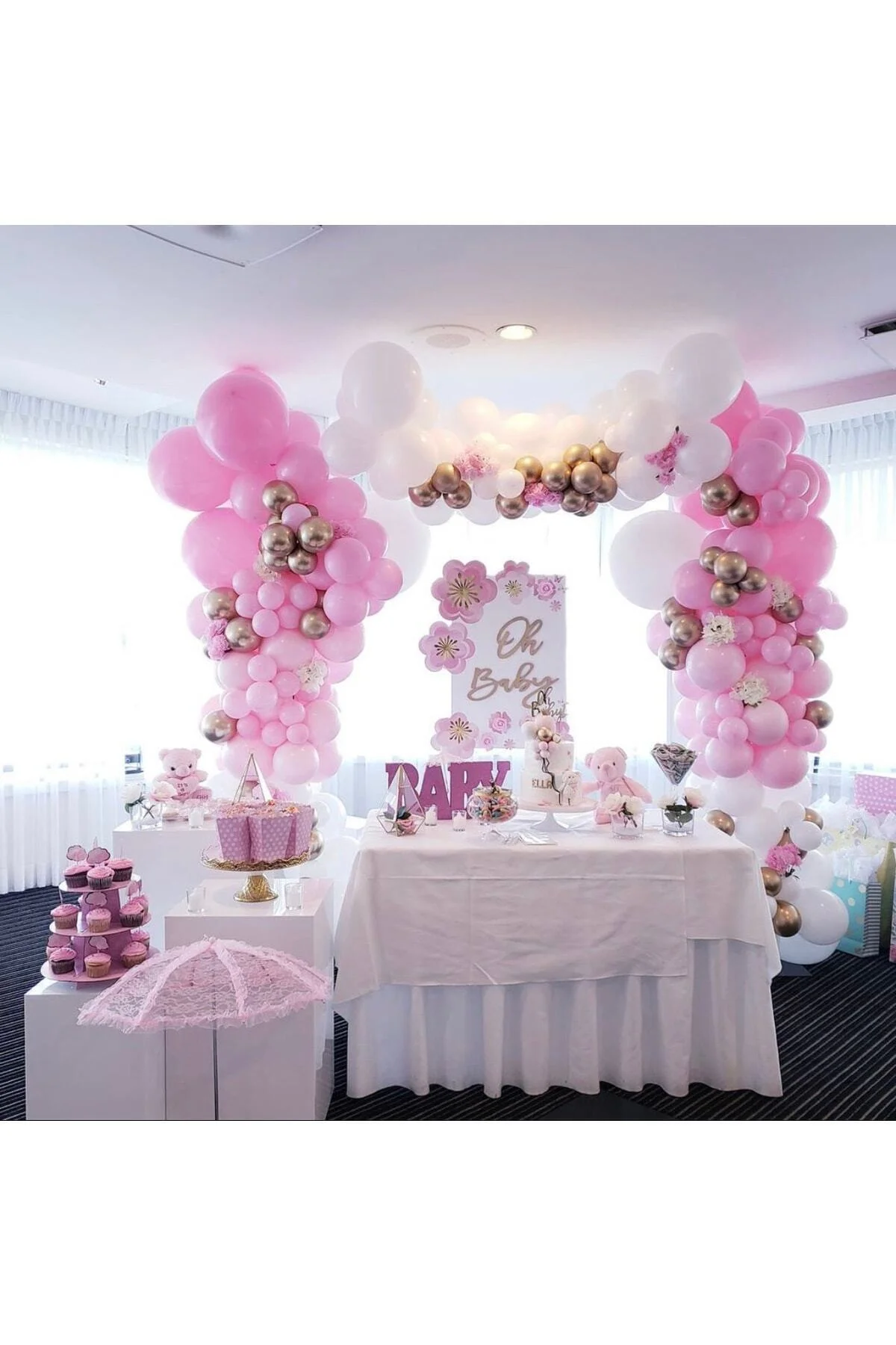 Krom Gold Makaron Pembe Ve Pastel Beyaz Balon Zinciri 50 Adet