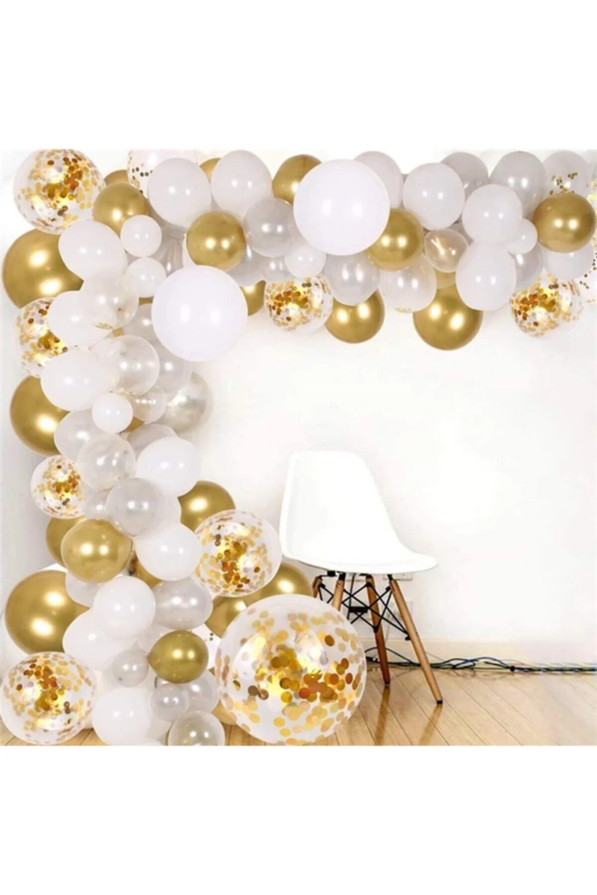 Beyaz Gold Balon Zinciri Seti 5 Metre 190 Adet Balon