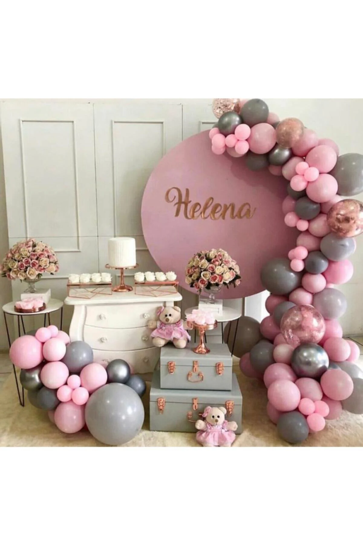 Pastel Gri Ve Makaron Pembe Balon Zinciri 100 Adet