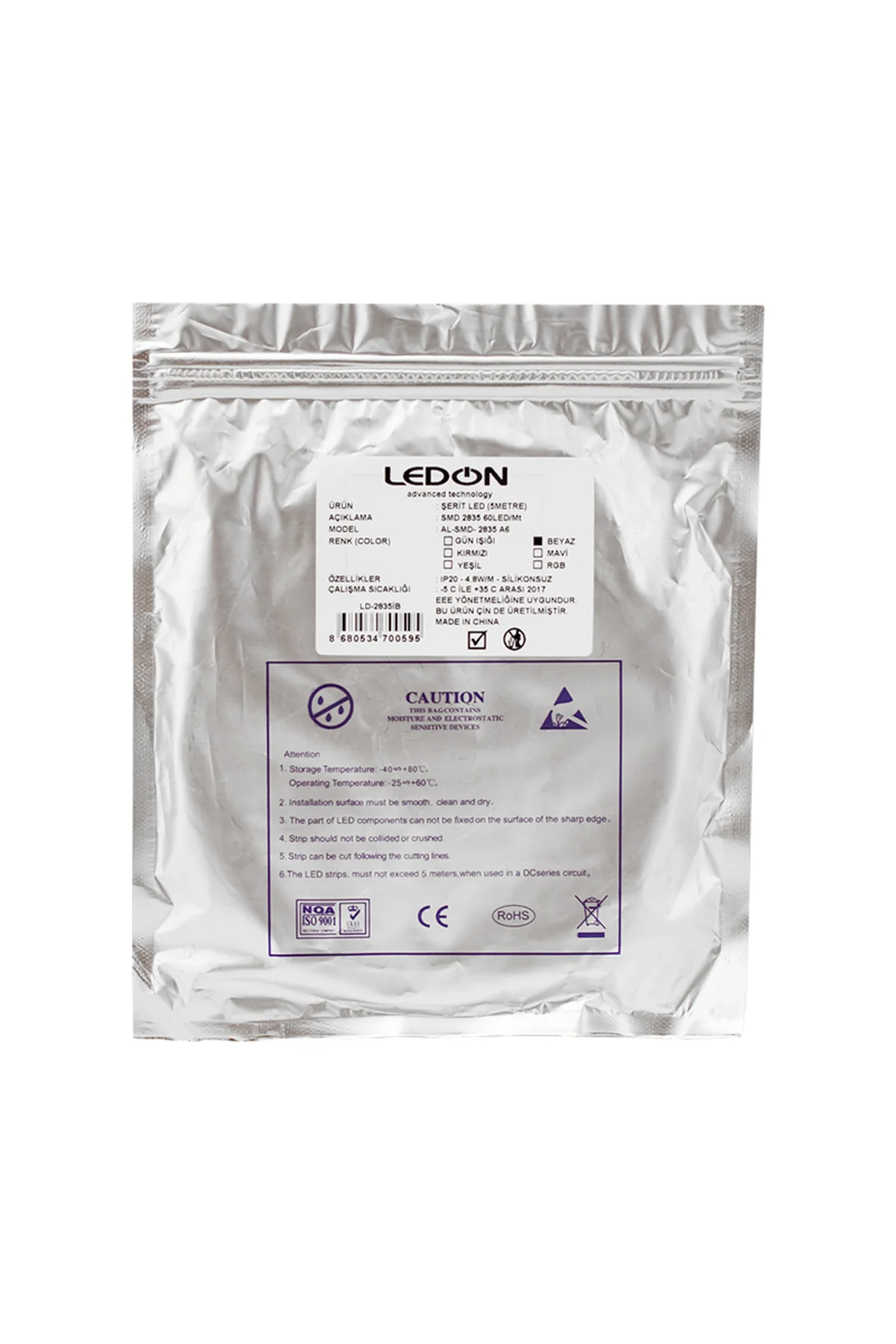 LED ŞERİT TEK ÇİPLİ BEYAZ İÇ MEKAN SİLİKONSUZ 60 LED 5 METRE (SMD 3528) - LEDON Görsel 3