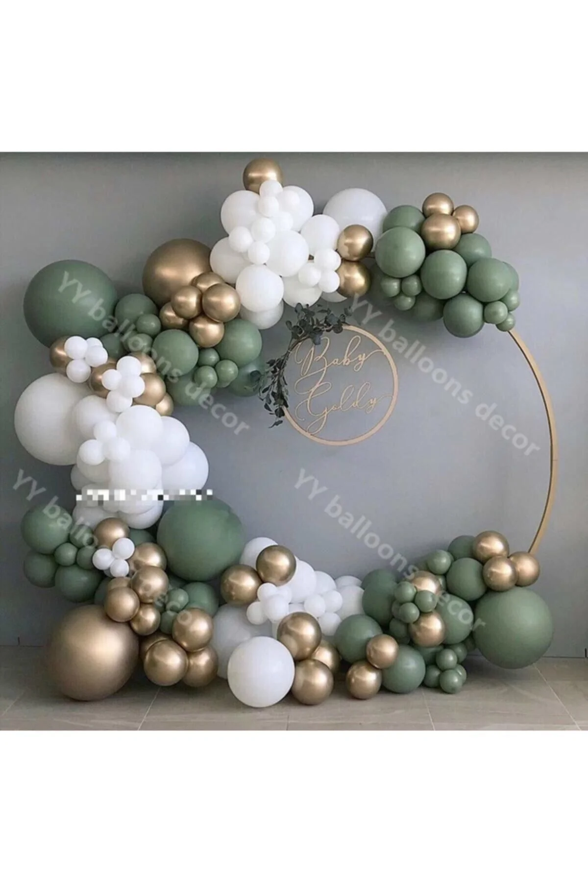Krom Gold Küf Yeşili Ve Pastel Beyaz Balon Zinciri 100 Adet