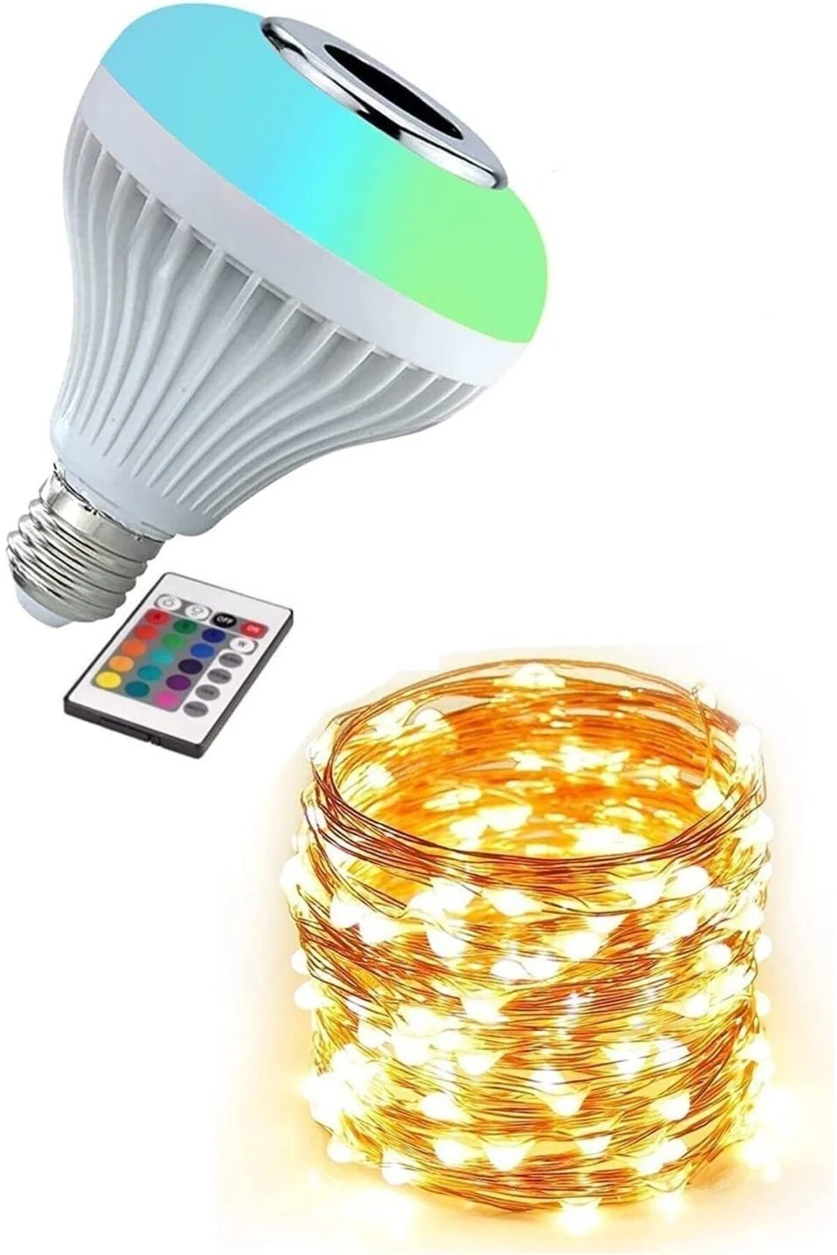 2'li Set Kumandalı Ampul Şekilli Bluetooth Hoparlör Led Işık + Peri Led Işık Yılbaşı Aksesuar (3 Met