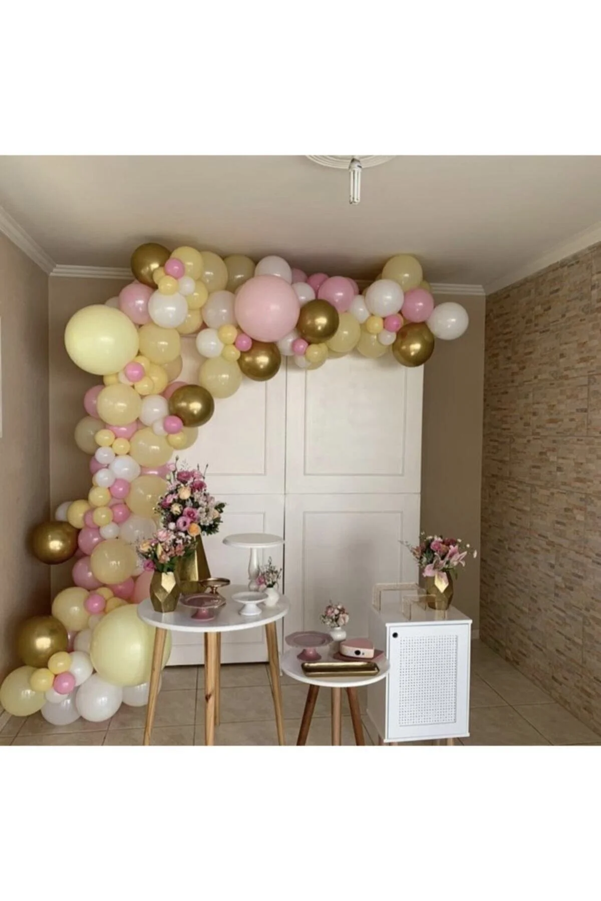 Krom Gold Makaron Sarı Pembe Ve Beyaz Balon Zinciri 100 Adet