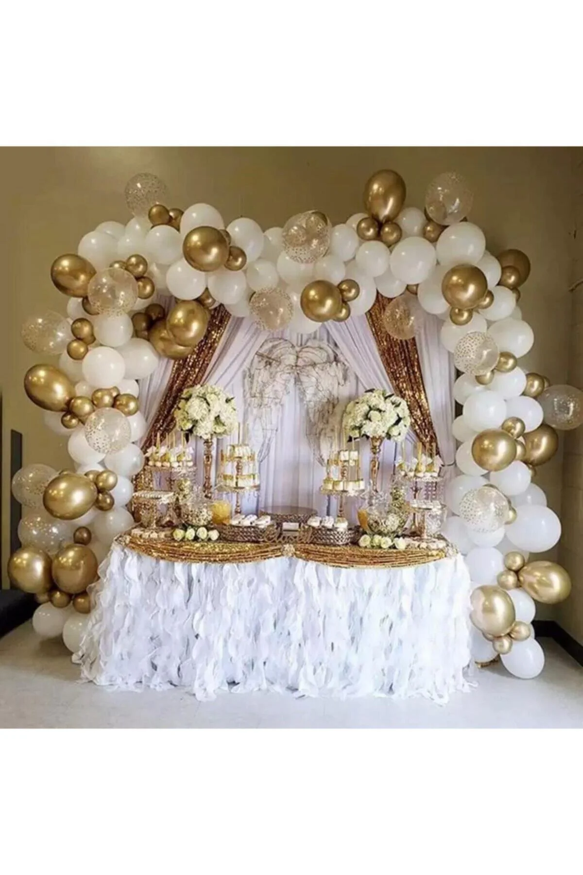 Krom Gold Beyaz Ve Şeffaf Gold Konfetili Balon Zinciri 100 Adet