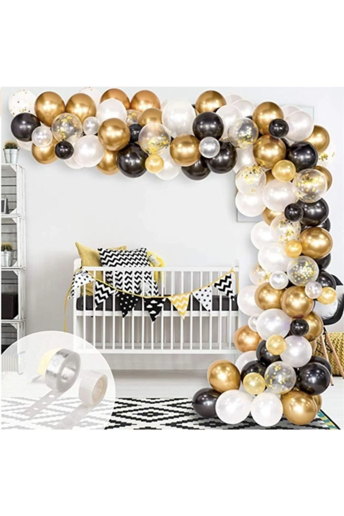 100 Adet Siyah Gold Beyaz Balon Zinciri Seti 5 Metre