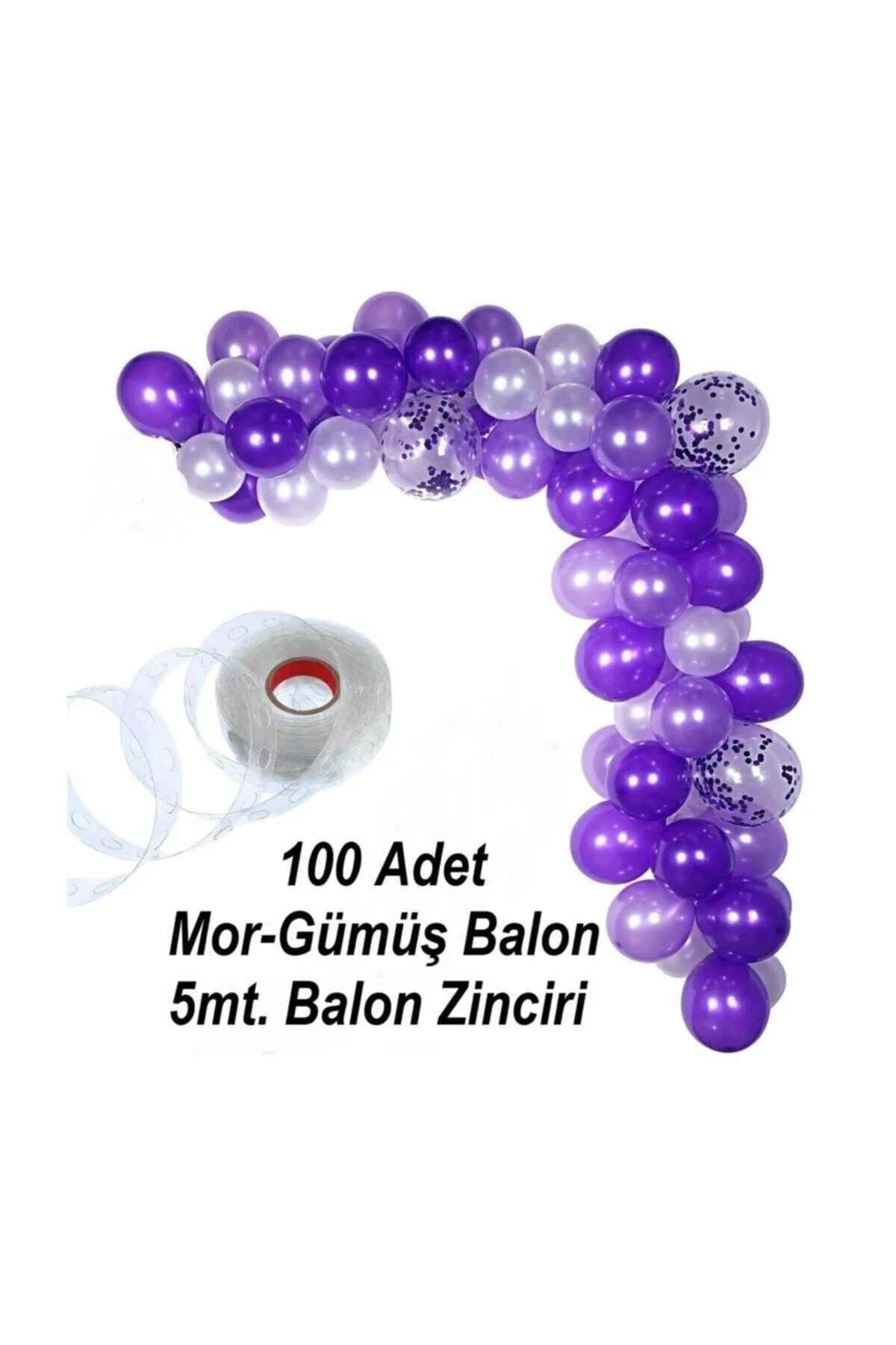 100 Adet Metalik Balon Ve 5 Metre Balon Zinciri (mor - Gümüş Karışık ) Uçan Balon