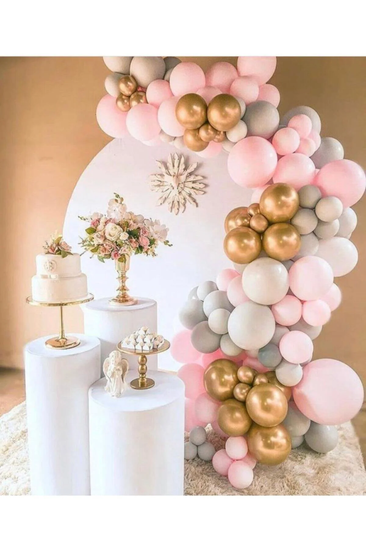 Karışık Gold Krom Makarom Pembe Pastel Gri Renklerinde Balon Balon Zincir