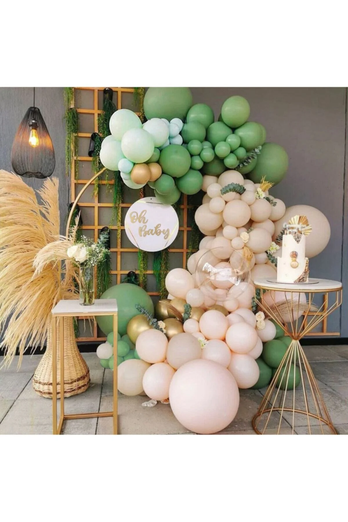 Krom Gold Okaliptüs Mint Yeşili Ve Ten Rengi Balon Zinciri 100 Adet