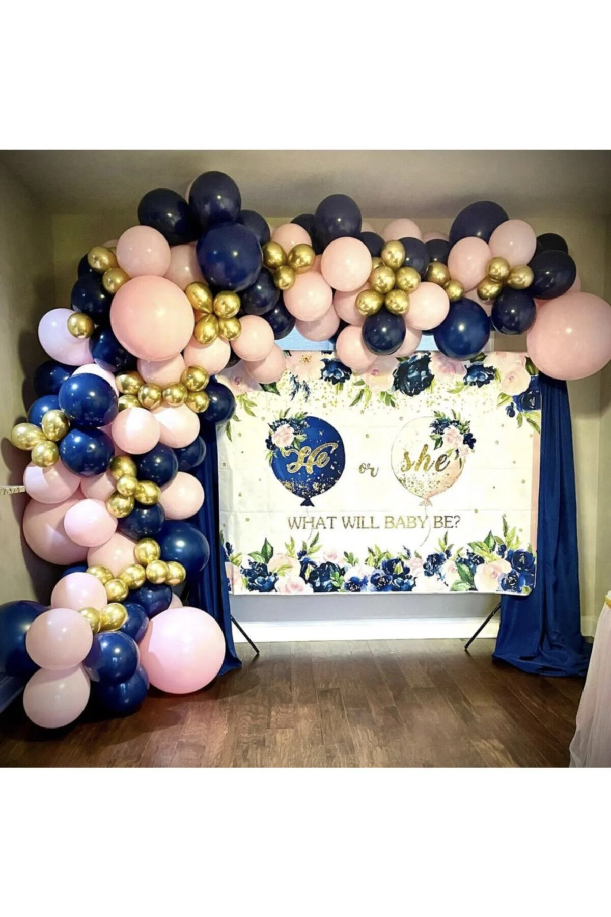 Krom Gold Gece Mavisi Ve Makaron Pembe Balon Zinciri 100 Adet