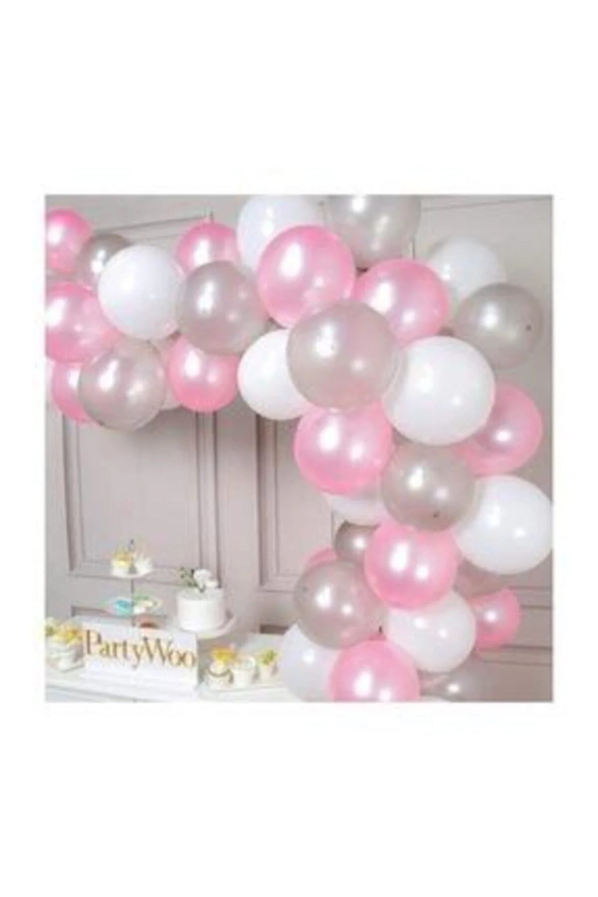 100 Adet Pembe Beyaz Gümüş Balon Ve 5 Metre Balon Zinciri