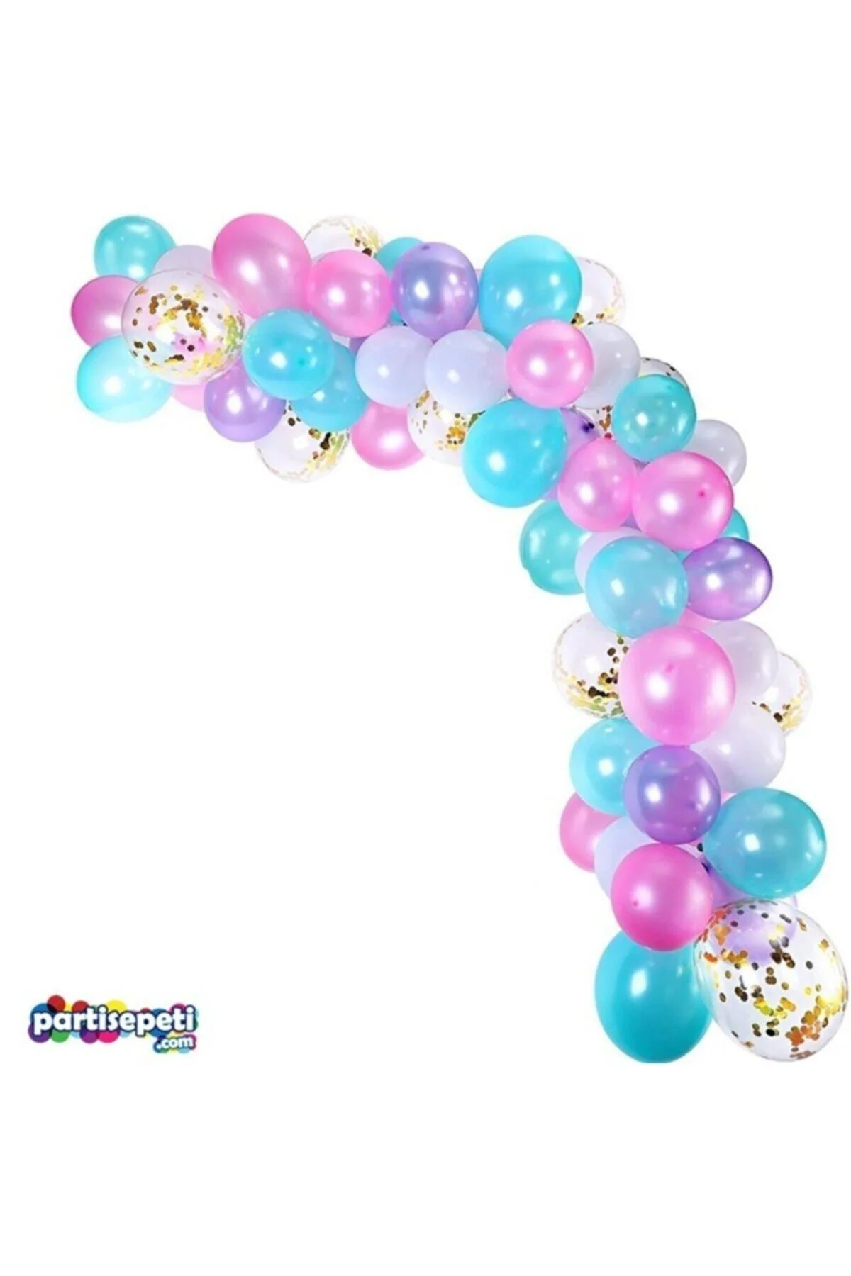 Zincir Balon Seti Pembe - Mavi - Mor / Konfetili 130 Adet Balon