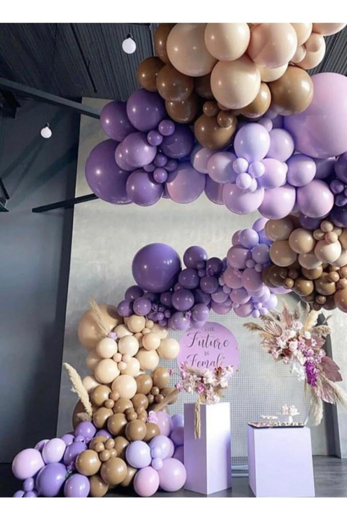 120 Adet Mor Lila Kaaramel Ten Renklerde Özel Gün Konsept Balon Balon Zinciri