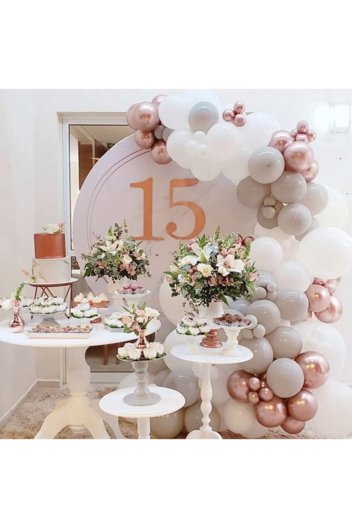Krom Rose Gold Pastel Gri Ve Beyaz Balon Zinciri 100 Adet