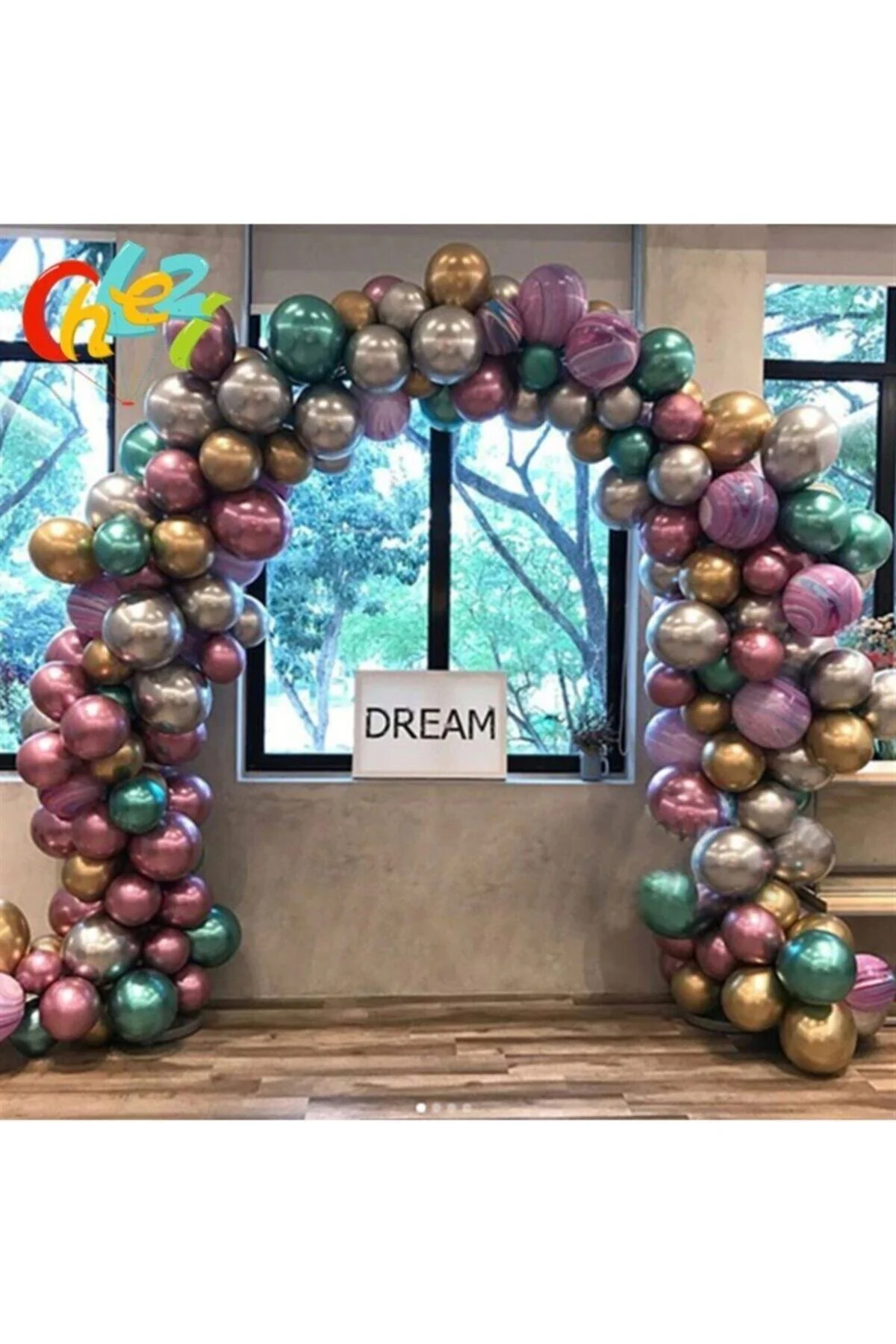 5 Metre Zincirli Krom Balon Doğum Günü Seti 125 Adet Krom Balon Karışık K