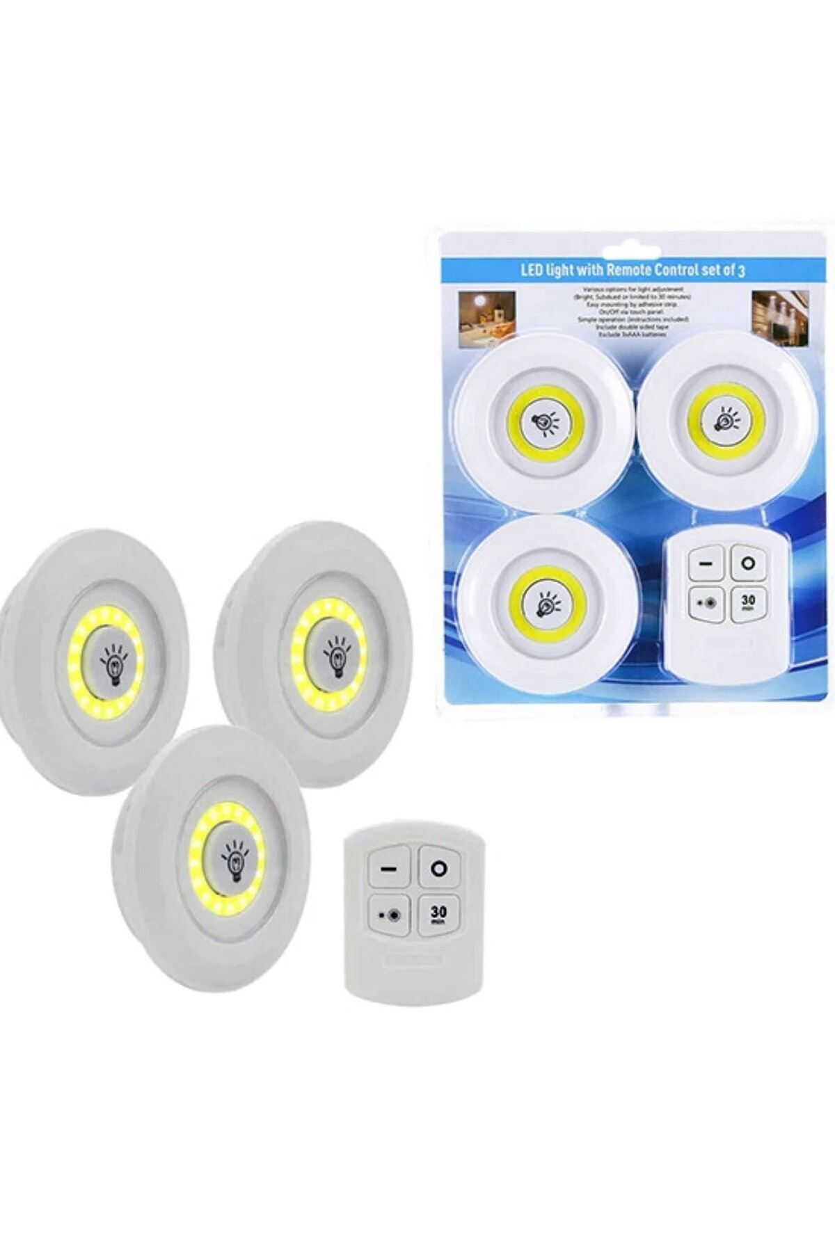 3lü Uzaktan Kumandalı Yapışkanlı Kablosuz Led Spot Lambalar - pazariz Görsel 2