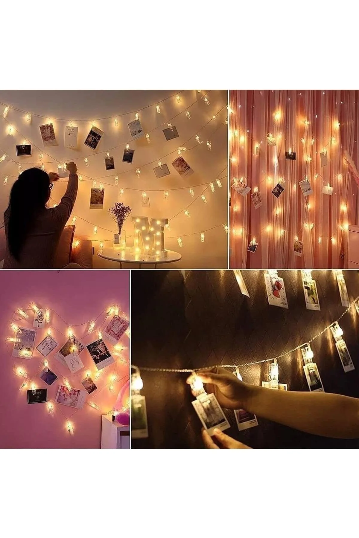 3 Metre 20'li Led Işıklı Dekoratif Fotoğraf Askılığı Mandalları
