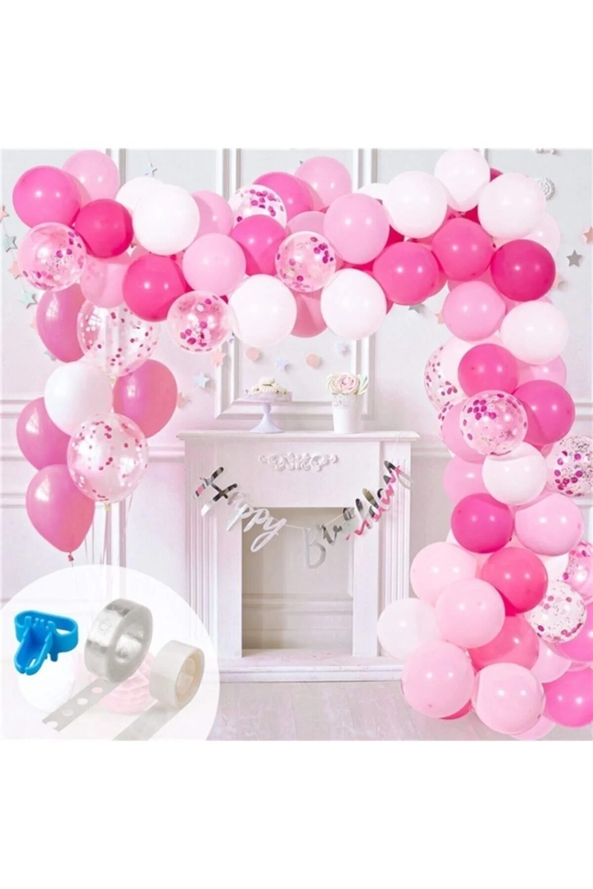 Zincir Balon Seti Pembe - Beyaz / Konfetili 130 Adet Balon