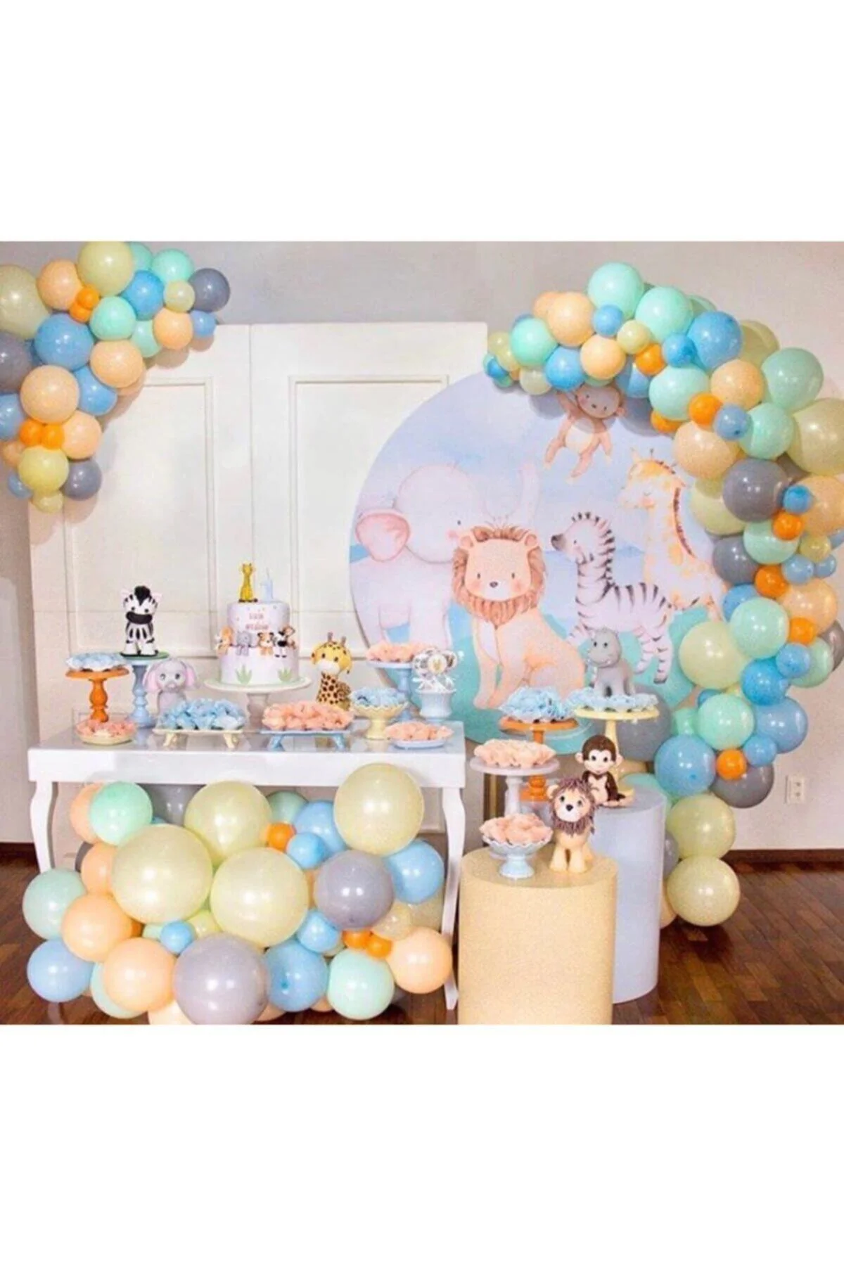Orman Konsept Pastel Sarı Mavi Somon Gri Turuncu Yeşil Balon Zinciri 100 Adet