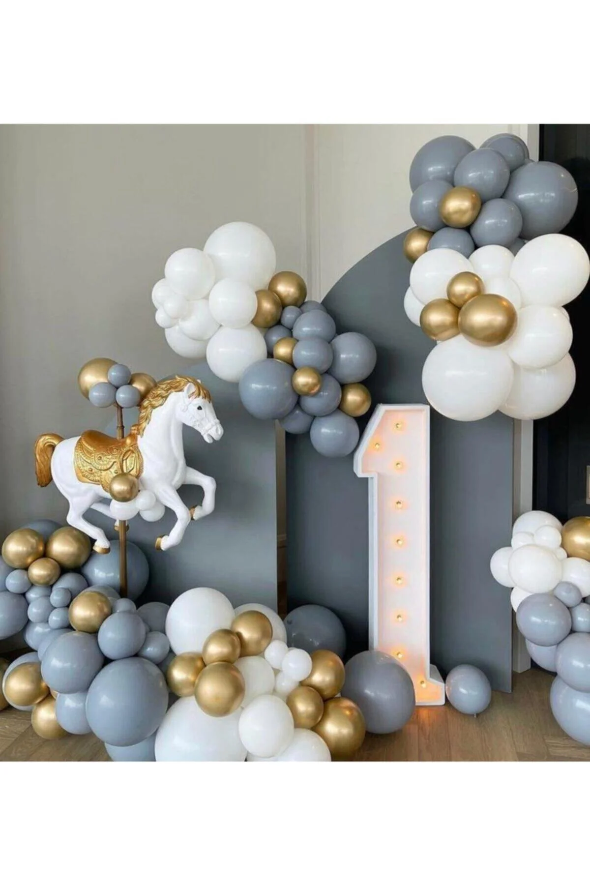 Krom Gold Pastel Gri Ve Beyaz Balon Zinciri 100 Adet