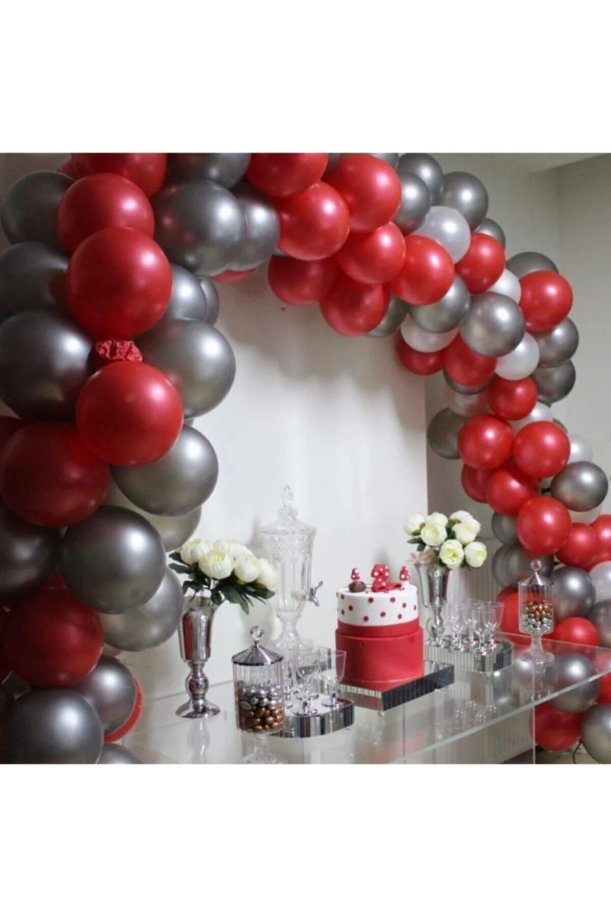 100 Adet Metalik Kırmızı Metalik Gümüş Gri Balon Zinciri