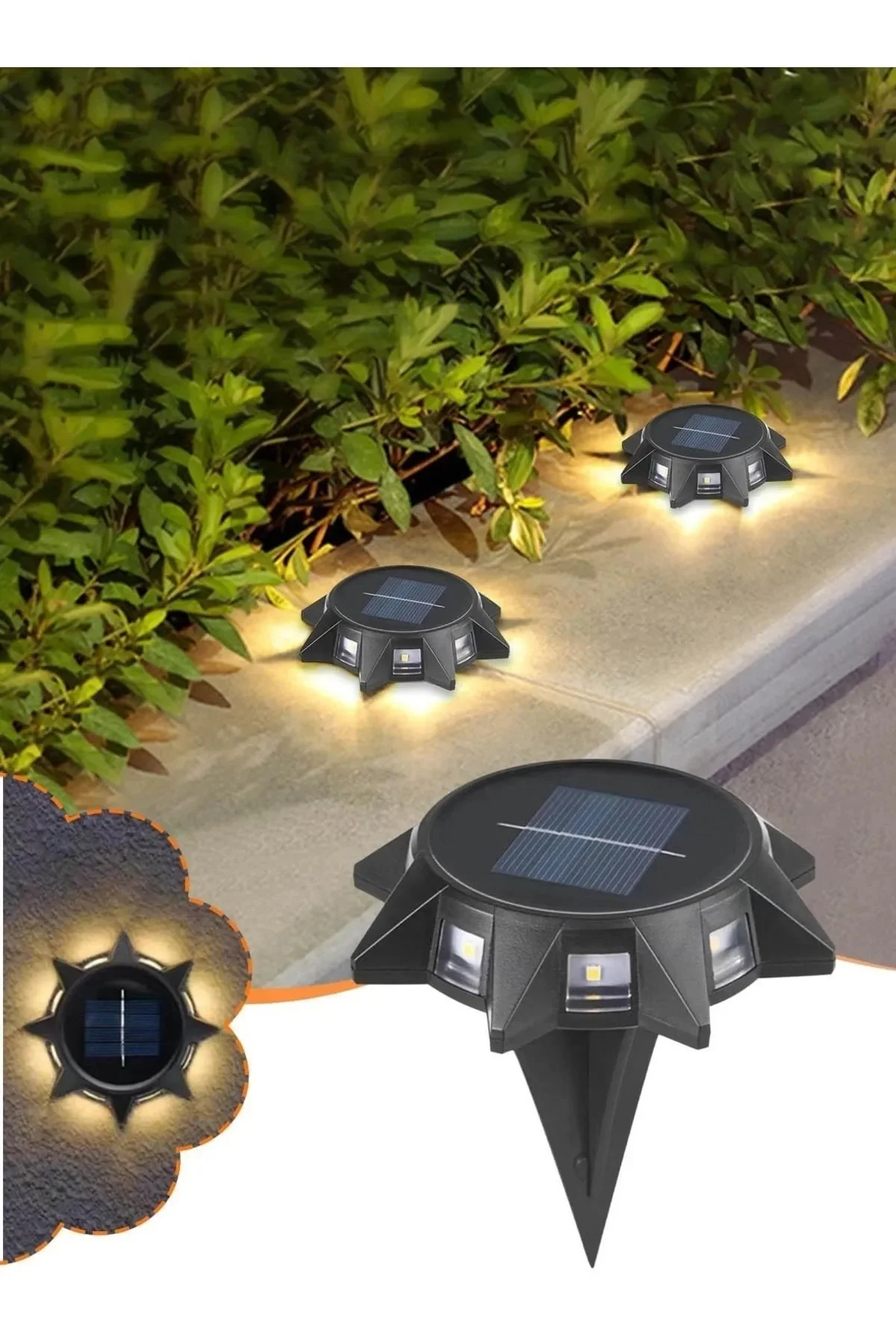 Sarı Renk Güneş Işığı Görünümlü 8 LED Solar Saplamalı Bahçe Dış Duvar Işıklandırma Lamba