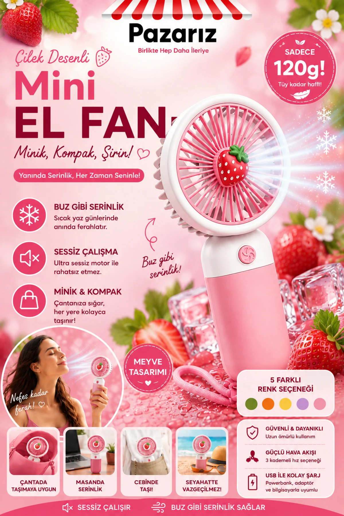 Mini Taşınabilir Fan Vantilatör Telefon Tutucu Stand Özellikli Meyve ve Çiçek Tasarımı Küçük Vantila