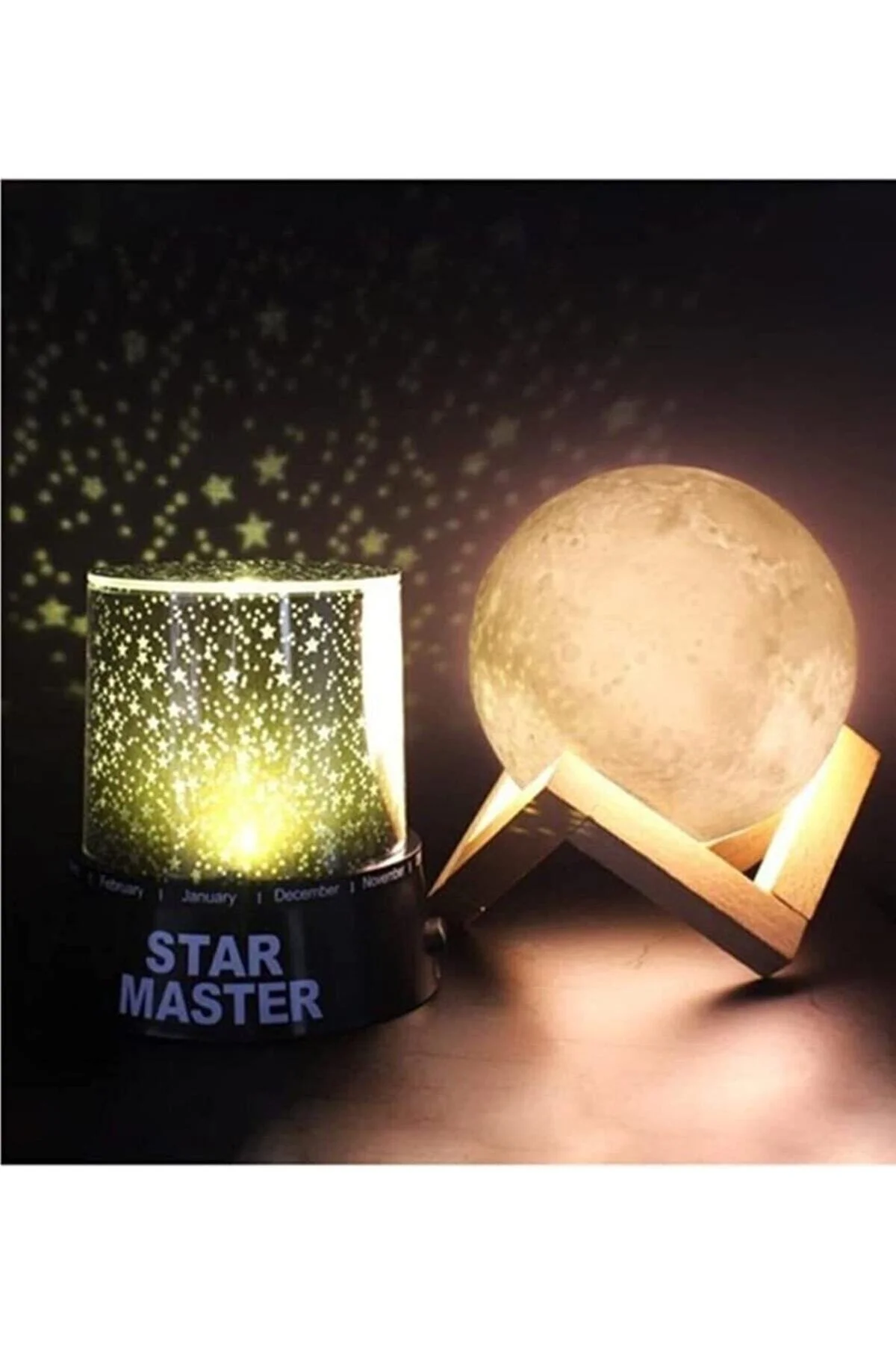 2'li Set Klasik Gece Lambası + Standlı 3d Ay Gece Lambası Dekoratif Küre Led