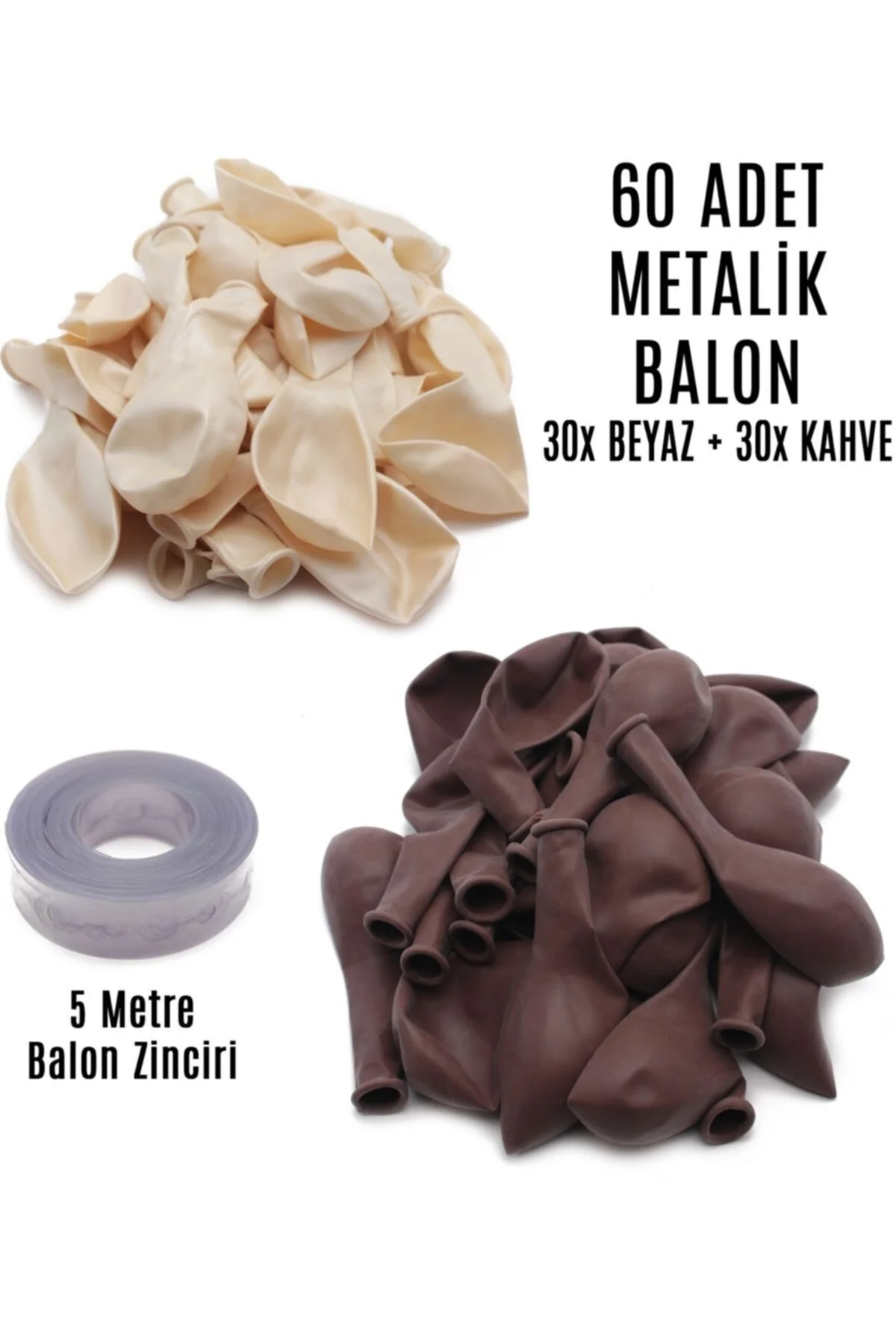 60 Adet Beyaz Ve Kahverengi Karışık Metalik Balon + 5 Metre Balon Zinciri