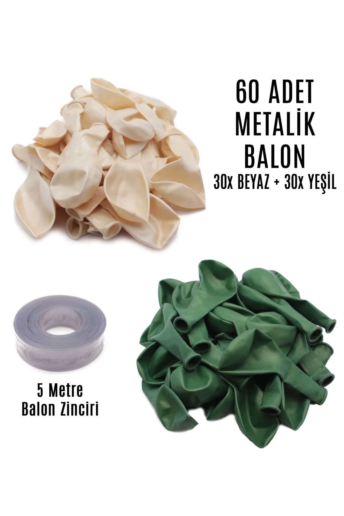 60 Adet Beyaz Ve Yeşil Karışık Metalik Balon + 5 Metre Balon Zinciri