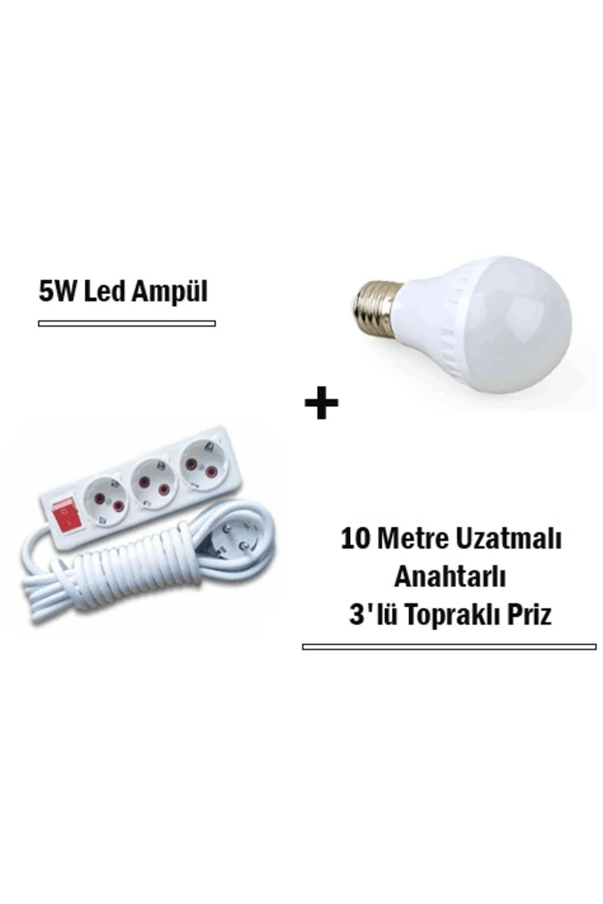 5w Led Ampul + 10 Metre Uzatmalı Anahtarlı 3lü Priz Set