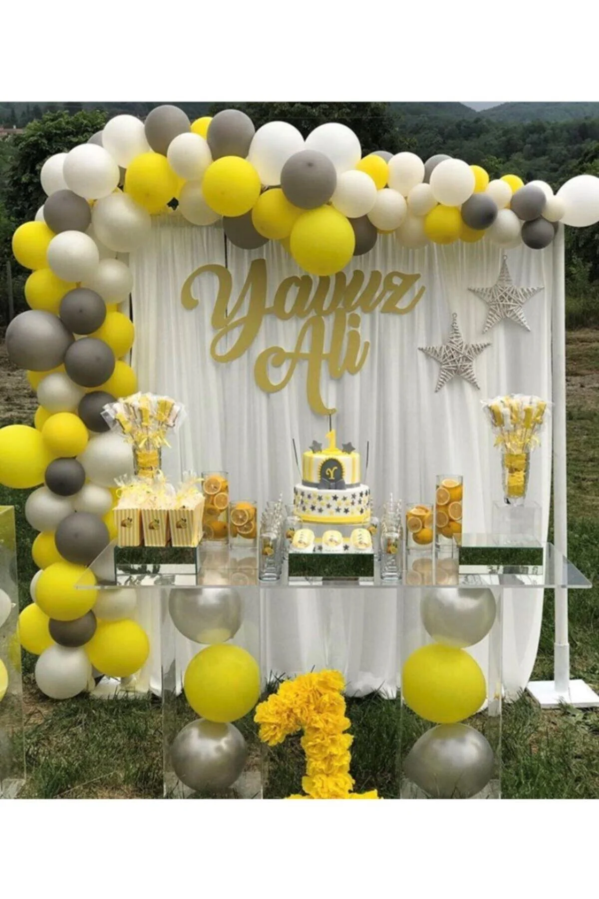 Fırsat Ayı 100 Adet Sarı Gri Beyaz Balon Ve Balon Zinciri