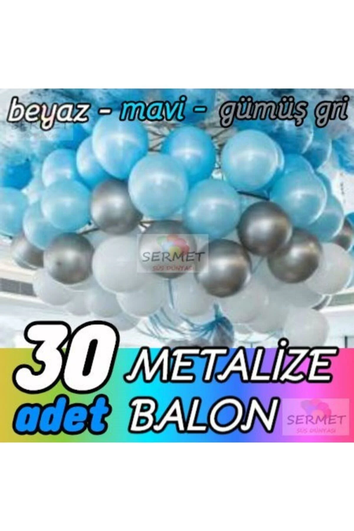 Fırsat Ayı 30 Adet Metalik Balon (mavi+beyaz+gri) Parlak Balon Metalize Balon