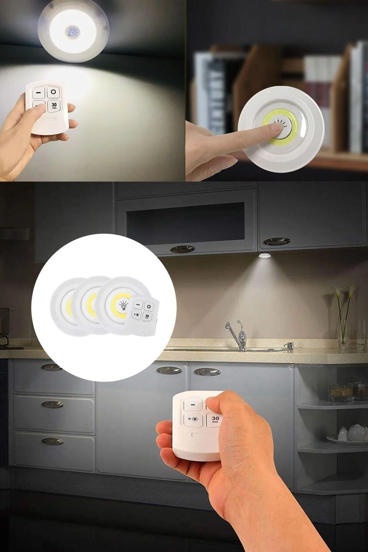 Uzaktan Kumandalı Yapışkanlı Kablosuz Pilli Led 3'lü Spot Lamba - pazariz Görsel 2
