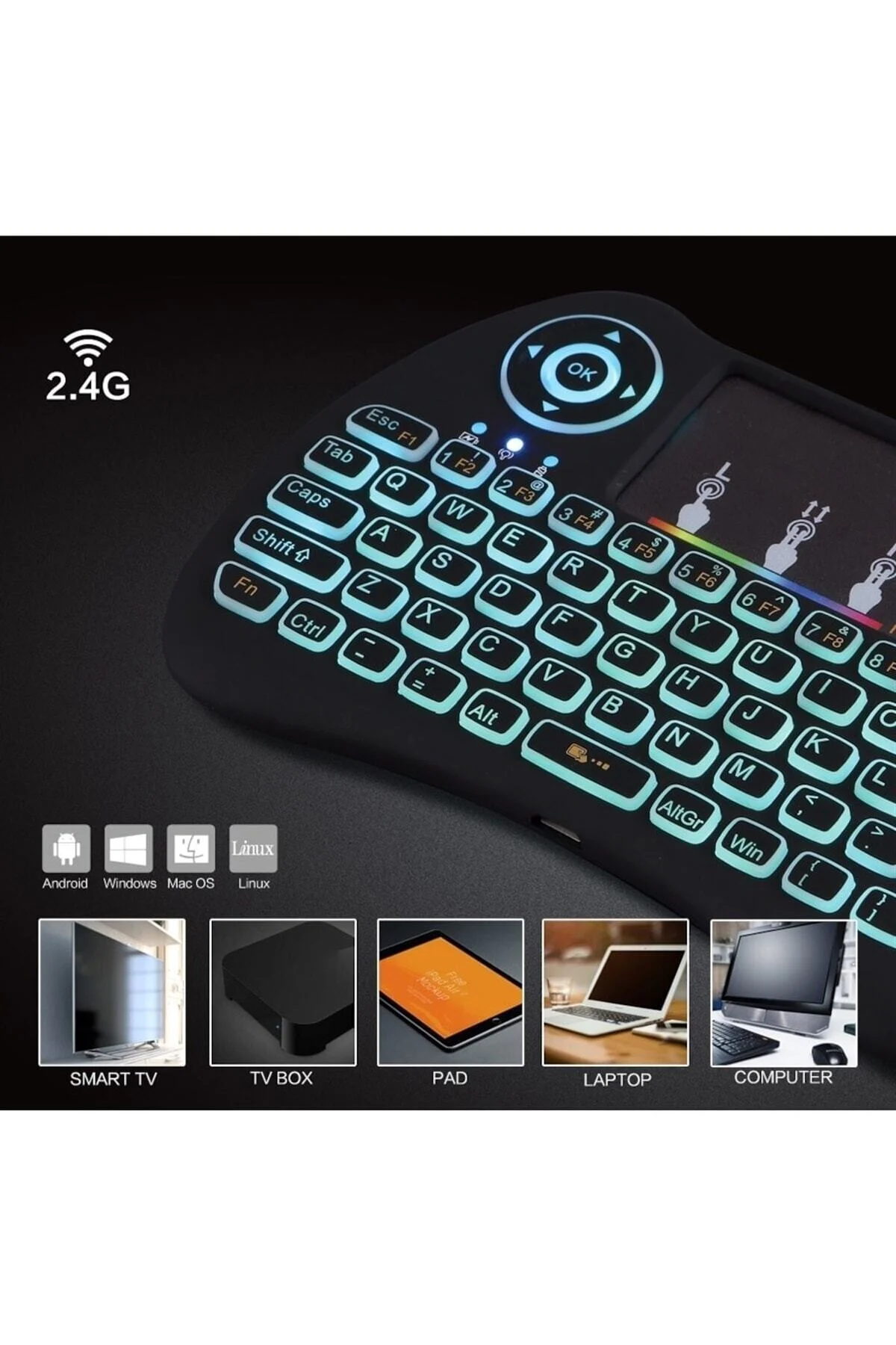 Kablosuz Şarjlı Mini Türkçe Q Klavye Smart Tv Ps3 Dokunmatik Mouse - HomeCare Görsel 3