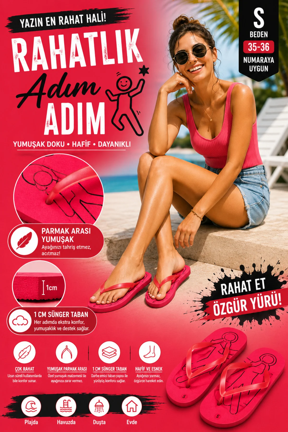 Basic Parmak Arası Terlik Unisex Kadın Erkek Çocuk EVA Plaj Terliği Flip Flop Yazlık Deniz Havuz Gün - PEMBECİN Görsel 4