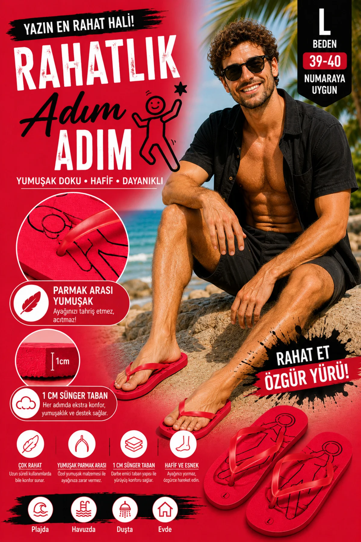 Basic Parmak Arası Terlik Unisex Kadın Erkek Çocuk EVA Plaj Terliği Flip Flop Yazlık Deniz Havuz Gün - PEMBECİN Görsel 2