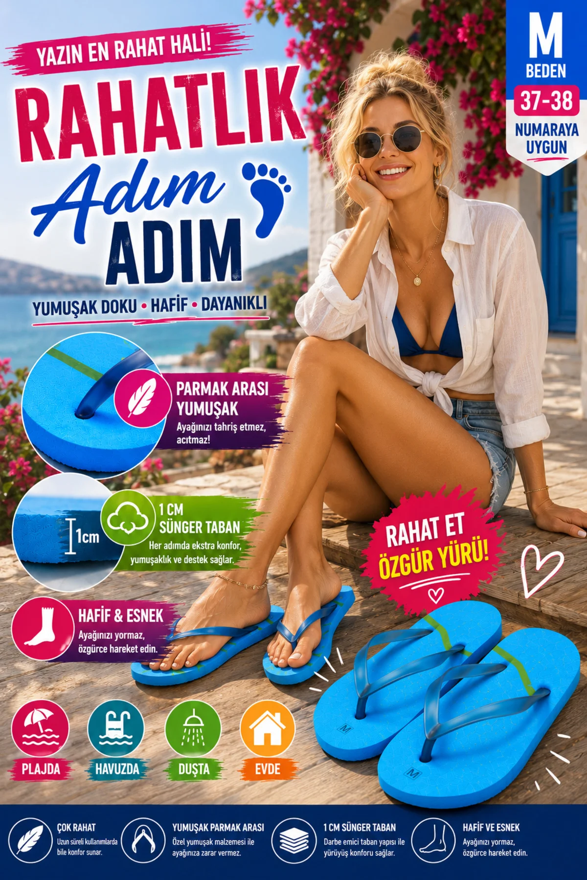 Basic Parmak Arası Terlik Unisex Kadın Erkek Çocuk EVA Plaj Terliği Flip Flop Yazlık Deniz Havuz Gün - PEMBECİN Görsel 7