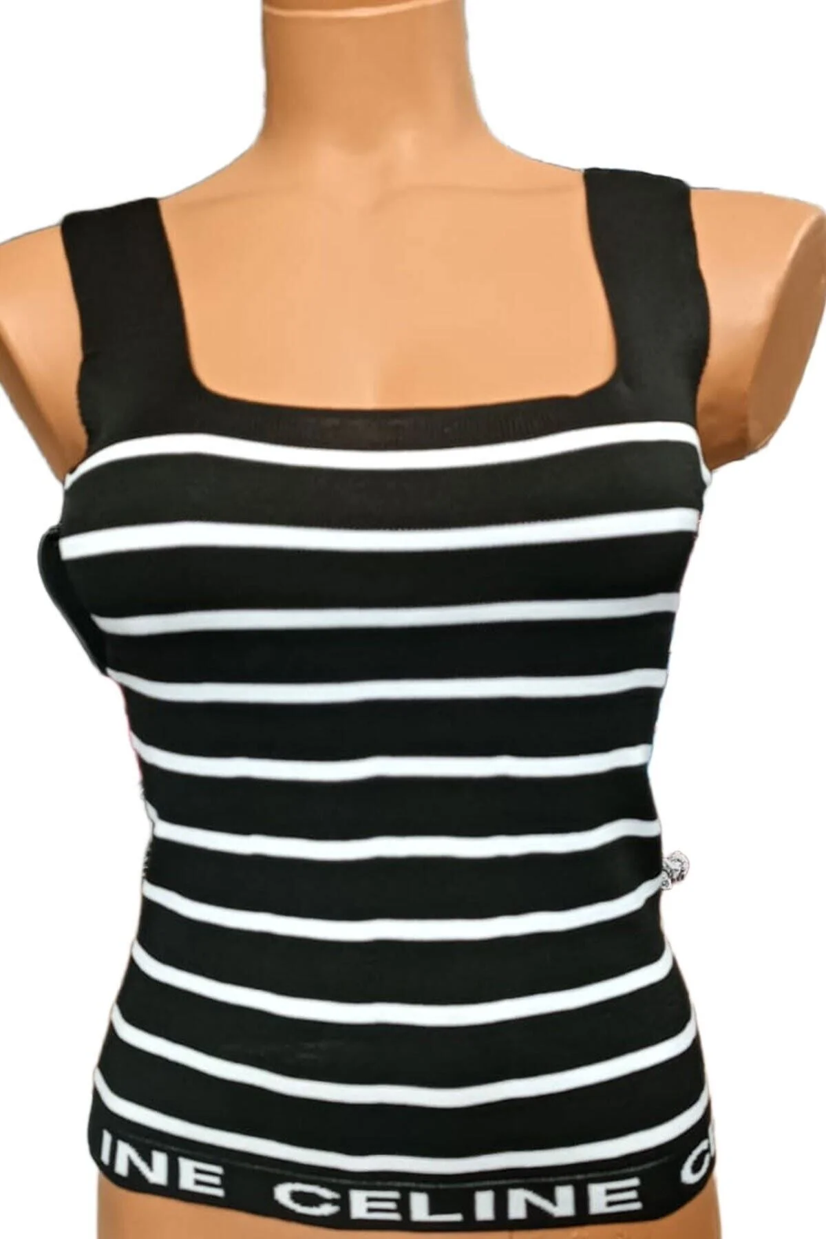 Siyah Beyaz Çizgili Kare Yaka Atlet Triko Bluz Crop S / M / L Beden Uyumlu