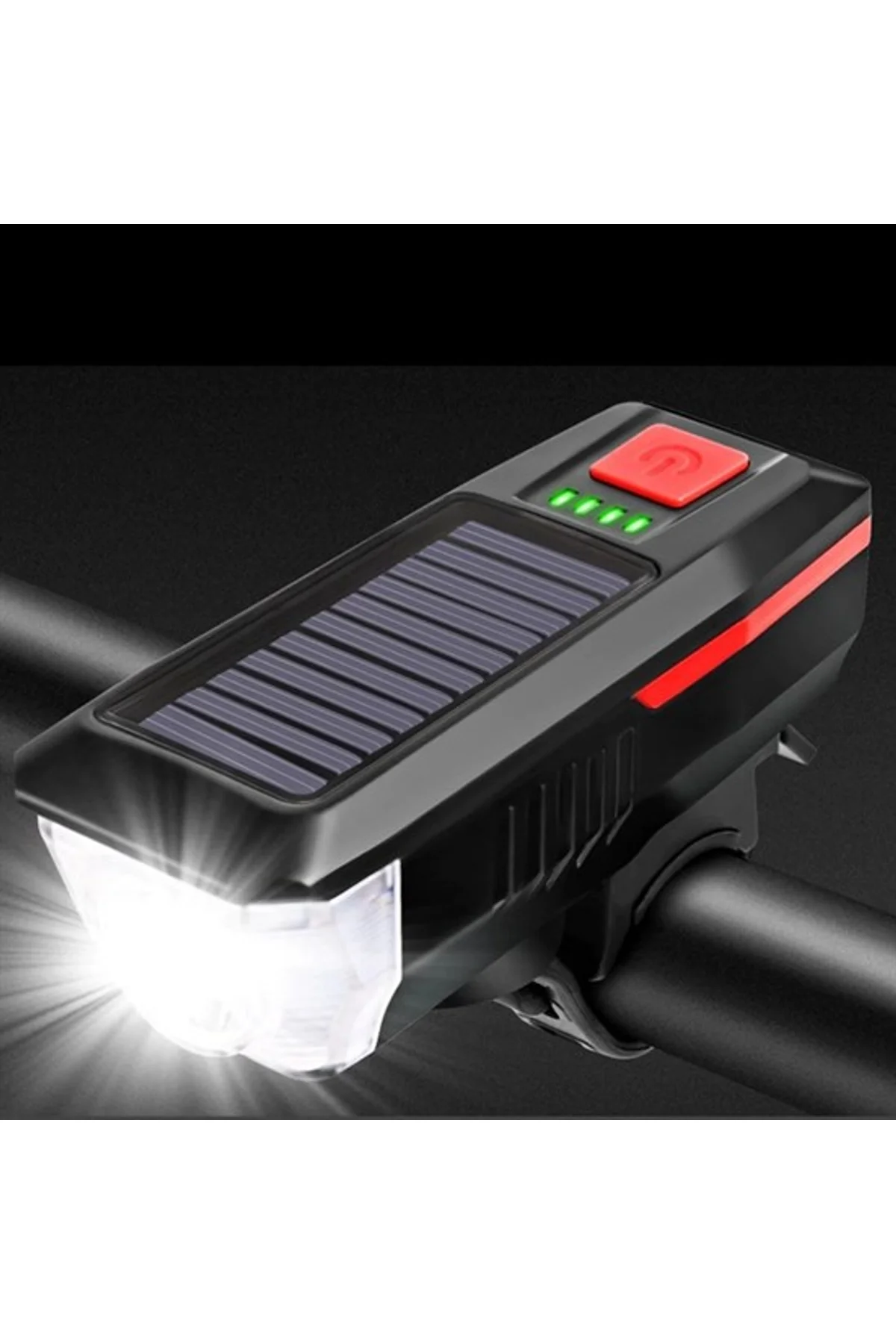 Solar Enerjili USB ile Şarj Edilebilir Ledli Bisiklet Feneri Kornalı ve Su Geçirmez Far (4741)