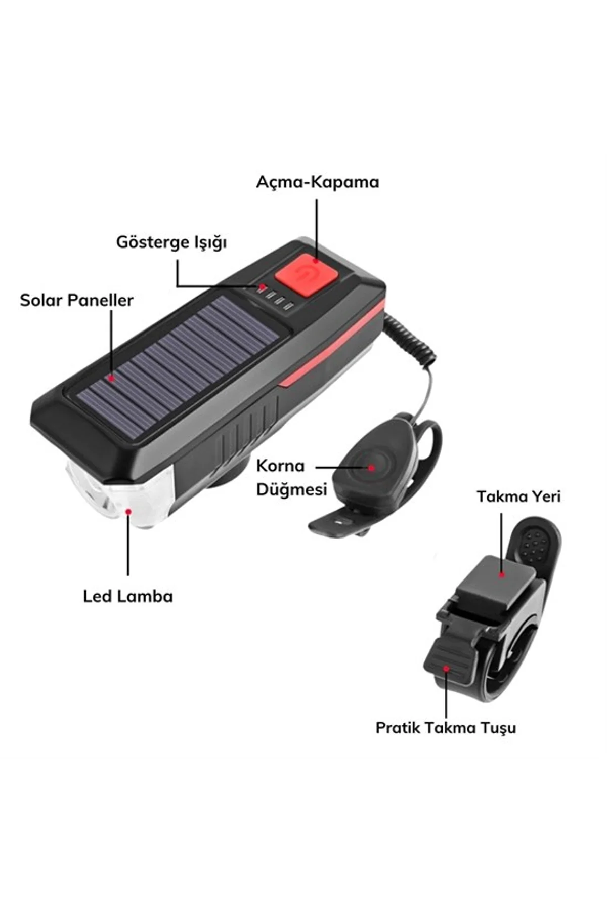 Solar Enerjili USB ile Şarj Edilebilir Ledli Bisiklet Feneri Kornalı ve Su Geçirmez Far (4741) - Just Cheap Store Görsel 3