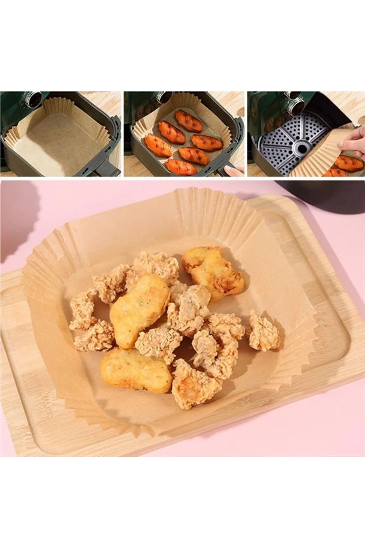 50 Adet Air Fryer Pişirme Kağıdı Tek Kullanımlık Yağ Geçirmez Yapışmaz Kare Tabak Model PVC (4741)