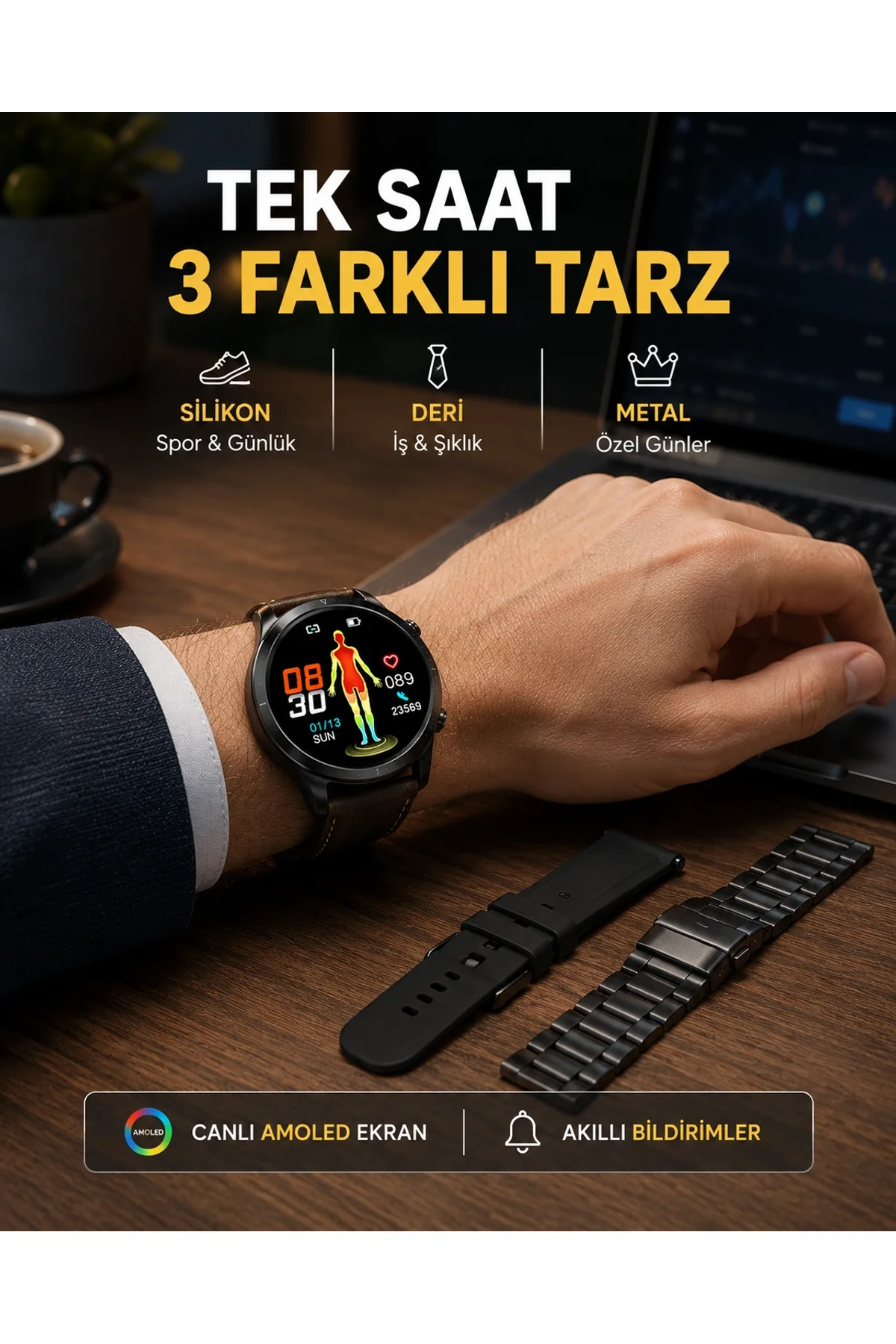 Amoled Ekranlı Akıllı Saat – 3 Kordon Seçenekli, Suya Dayanıklı, Kalp Atış Ve Uyku Takip Özellikli
