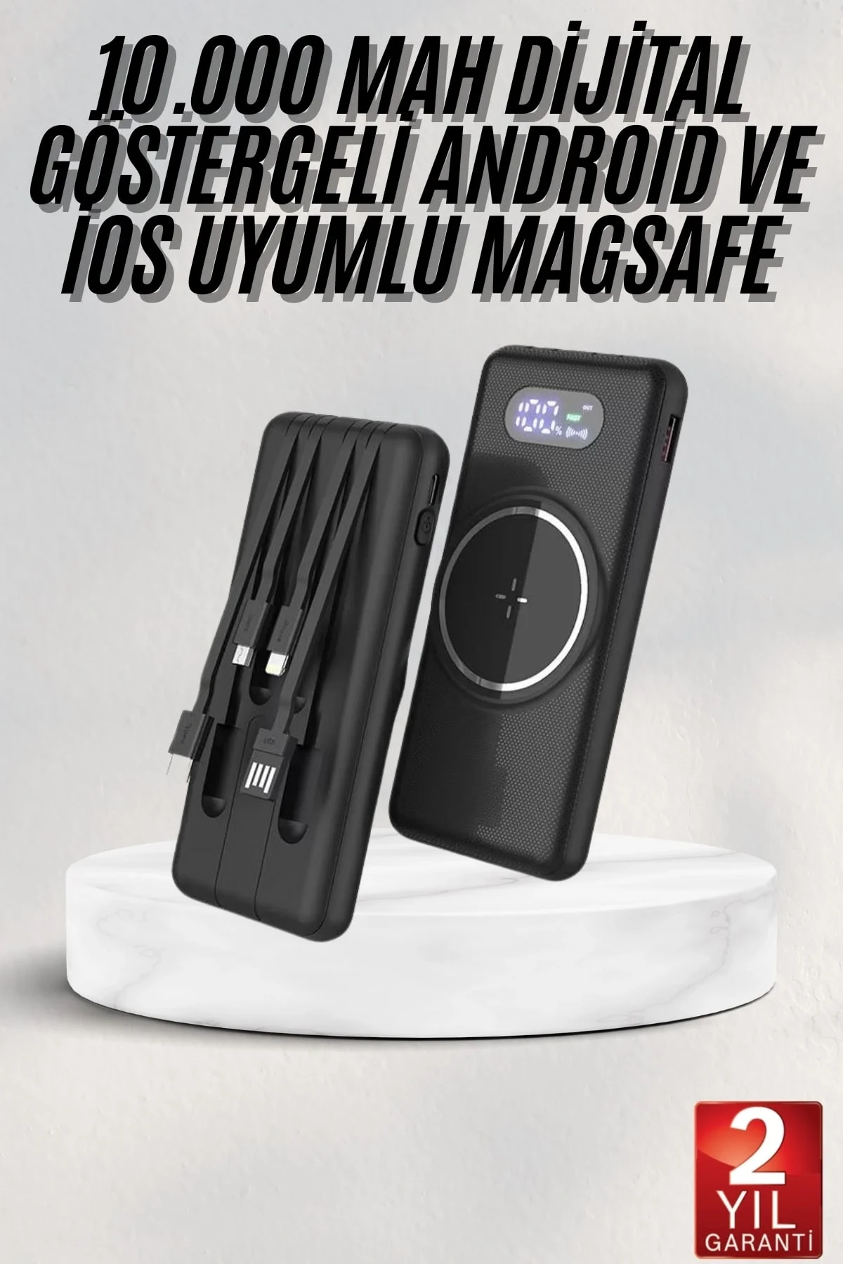 Wireless Powerbank 10000 Mah Led Ekranlı Dahili Kablolu Hızlı Şarj