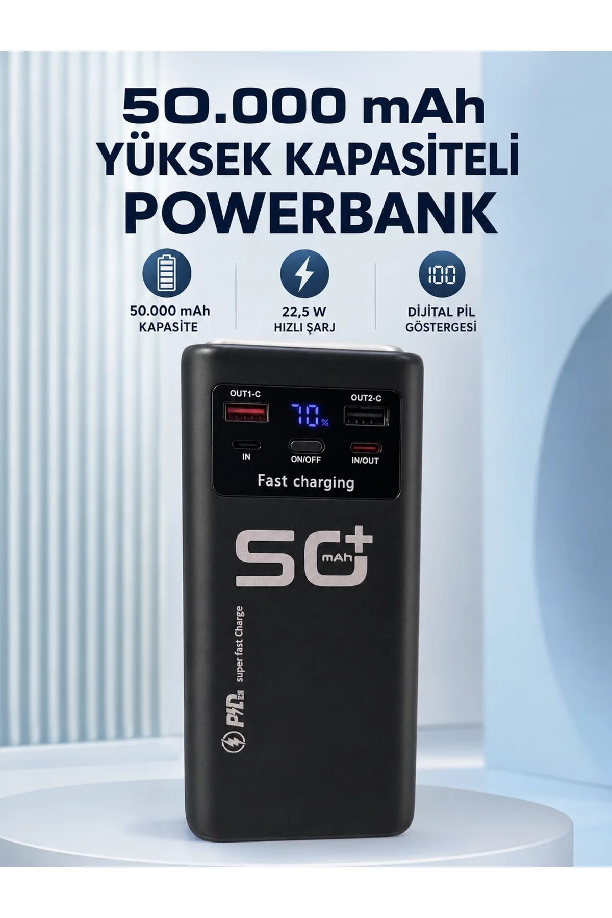 50.000 Mah Taşınabilir Powerbank 22,5 W Hızlı Şarj 4 Dahili Şarj Kablosu Dijital Ekran Led Aydınlatm