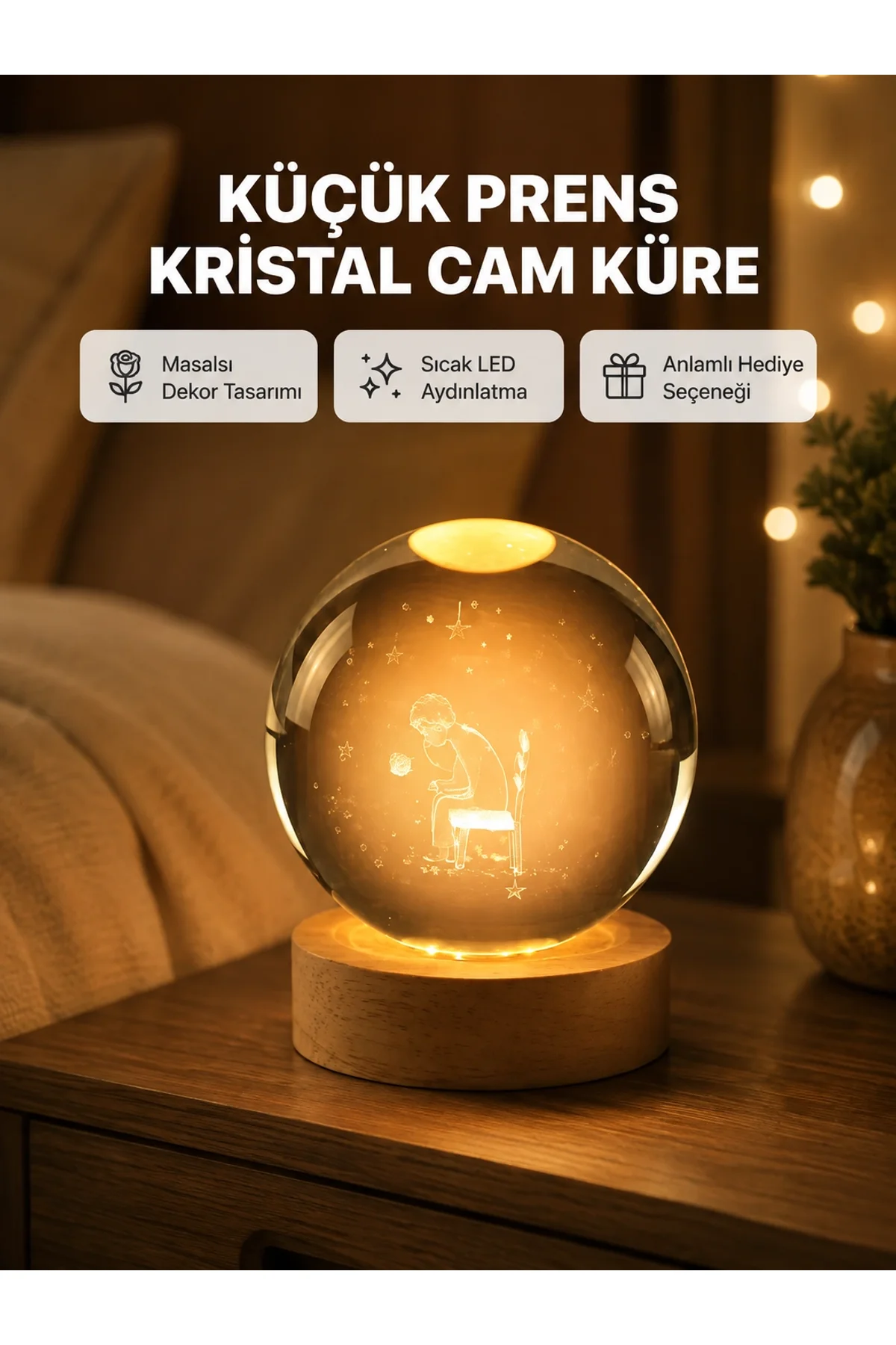 8 Cm Küçük Prens Cam Küre Usb Işıklı Ahşap Tabanlı Dekor