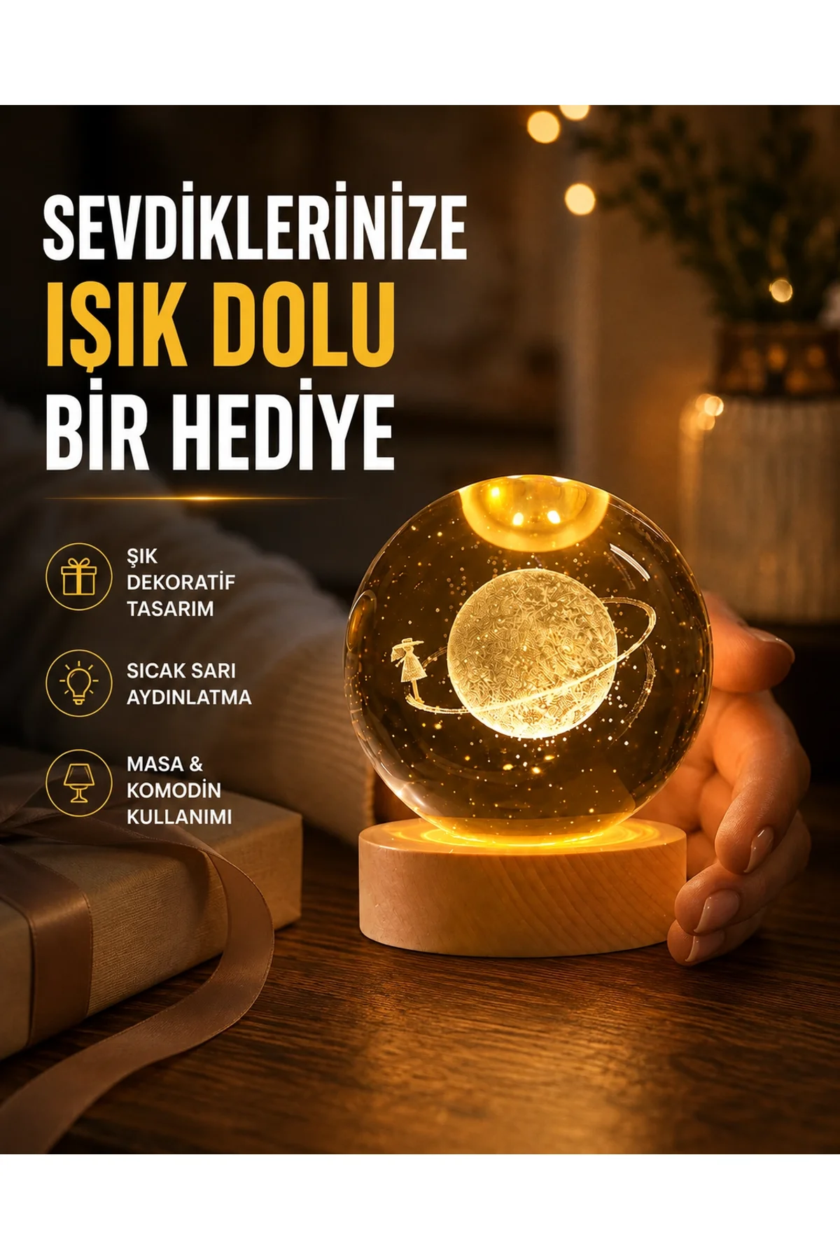Ahşap Standlı Sarı Işıklı Dekoratif Küre Kız Figürü Tasarım