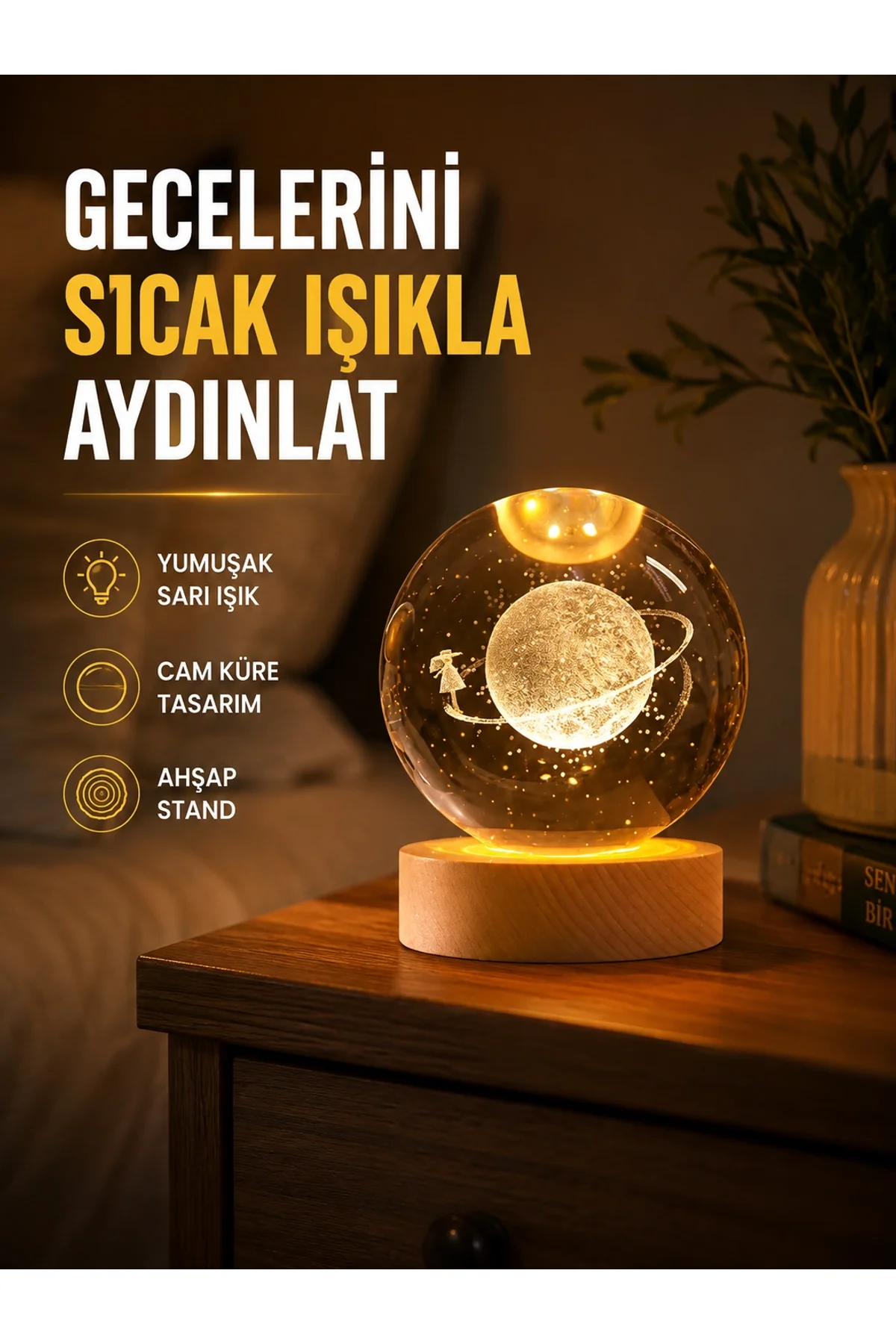 Ahşap Standlı Sarı Işıklı Dekoratif Küre Kız Figürü Tasarım