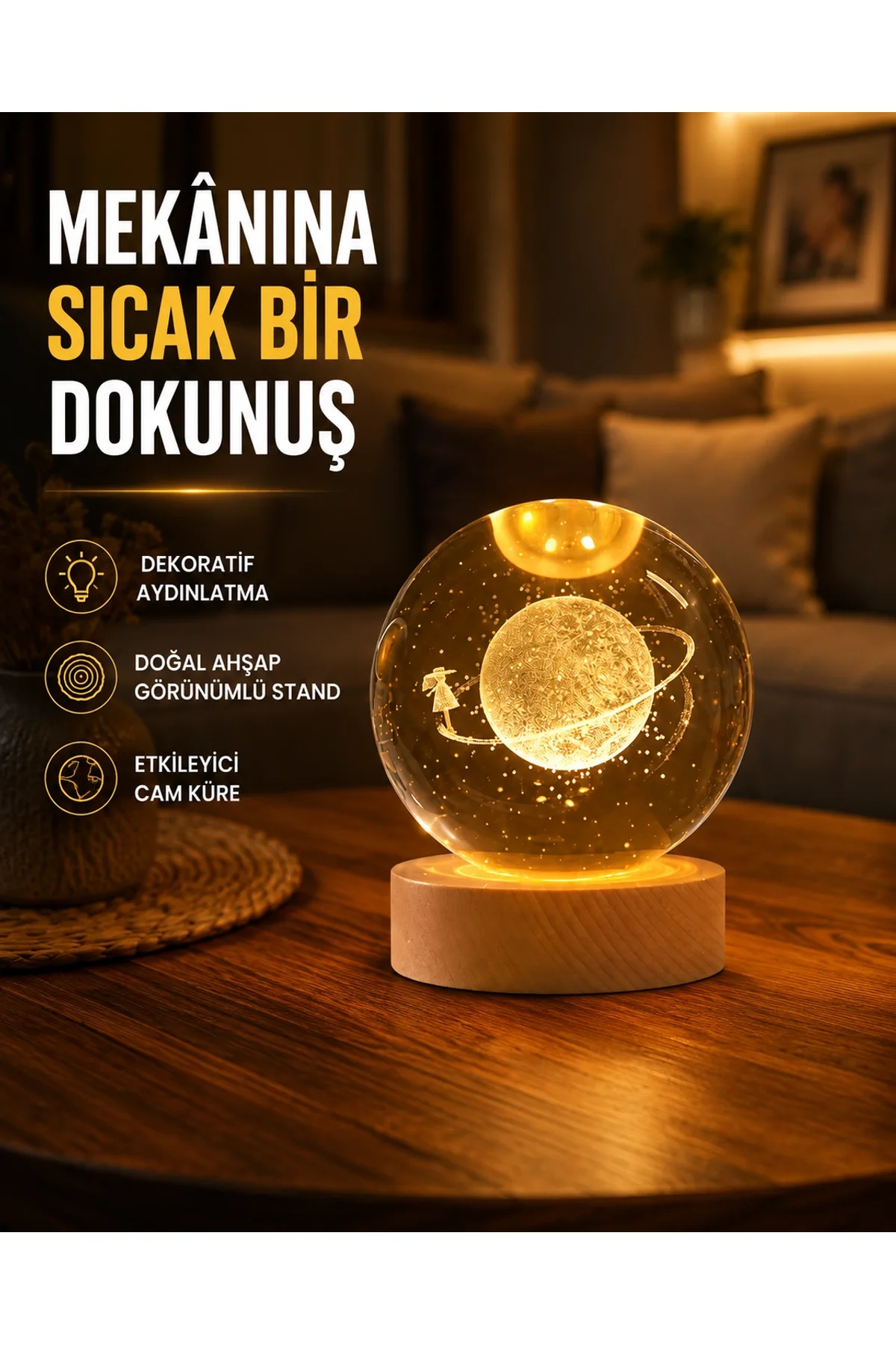 Kız Figürlü Sarı Cam Küre Işıklı Büyük Boy Ahşap Standlı Dekor