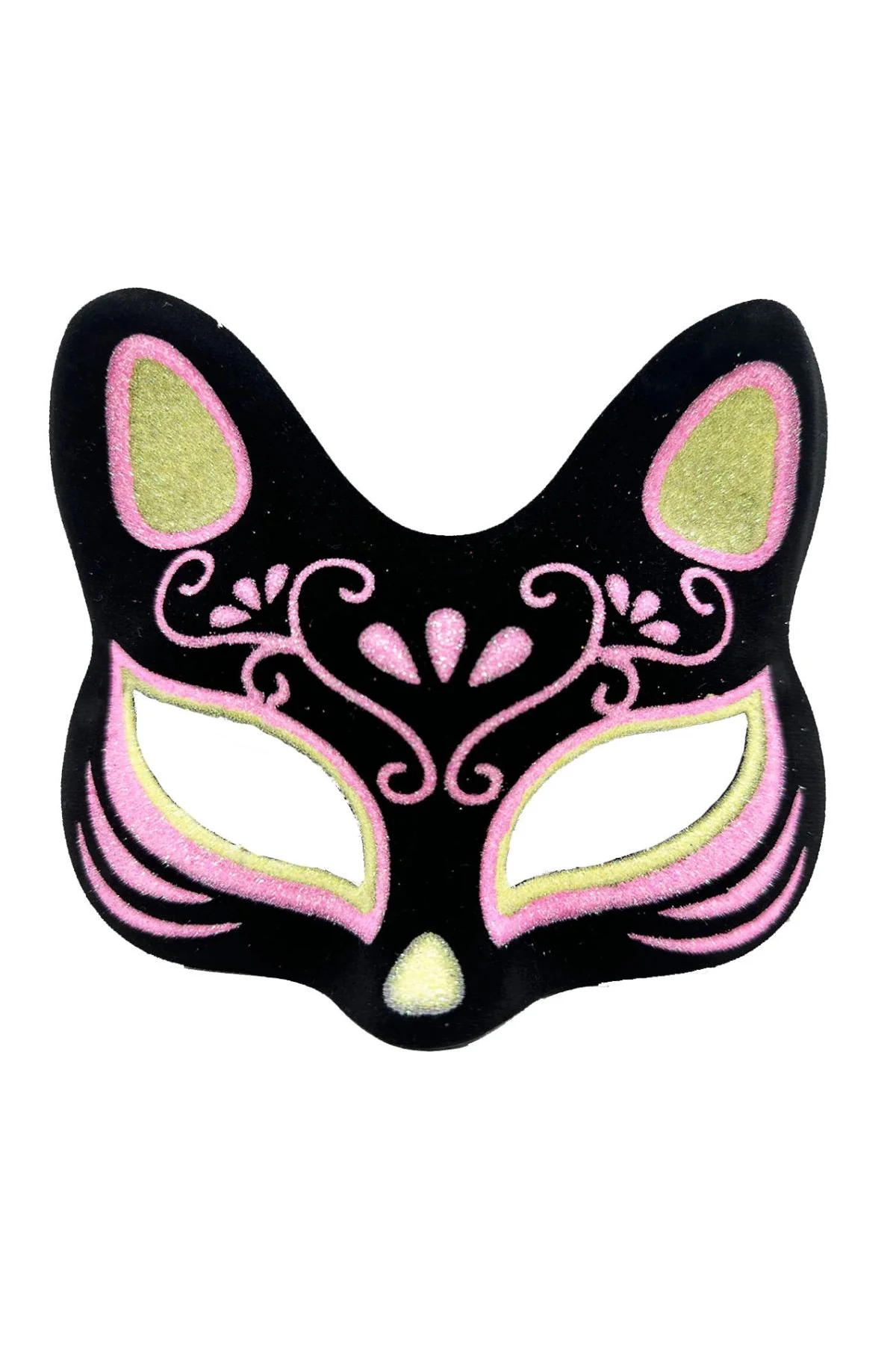 Siyah Renk Süet Kaplama Üzeri Sarı Pembe Simli Kedi Maskesi 17x14 Cm - Just Cheap Store Görsel 4