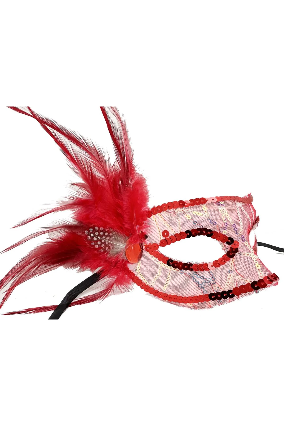 Kırmızı Renk Yandan Tüylü Pul Payet İşlemeli Parti Maskesi 23x12 Cm - Just Cheap Store Görsel 3